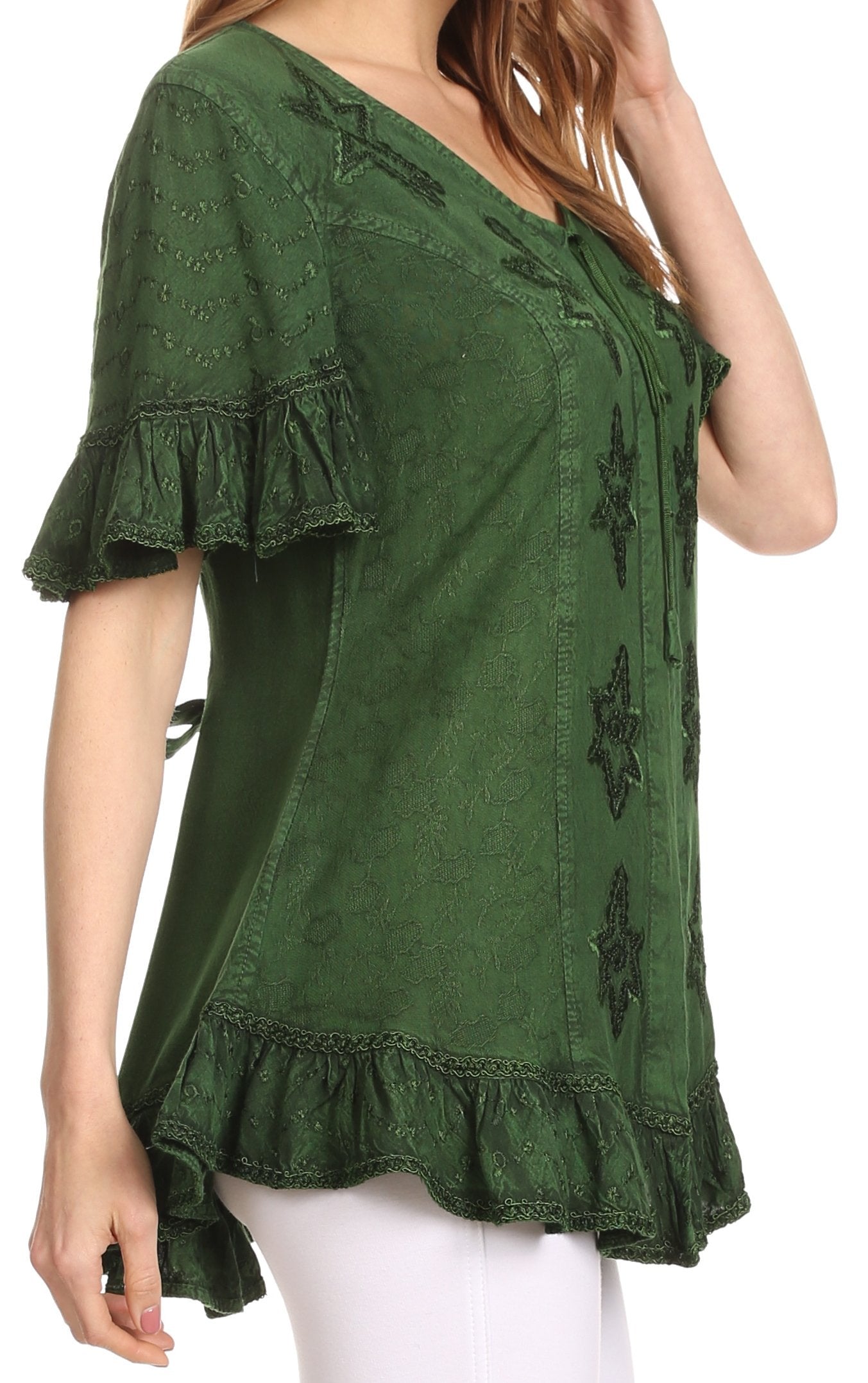 Sakkas Sayle Long Star Embroidered Blouse Shirt Top With Button Front And Ruffles - Concordia Style Boutique