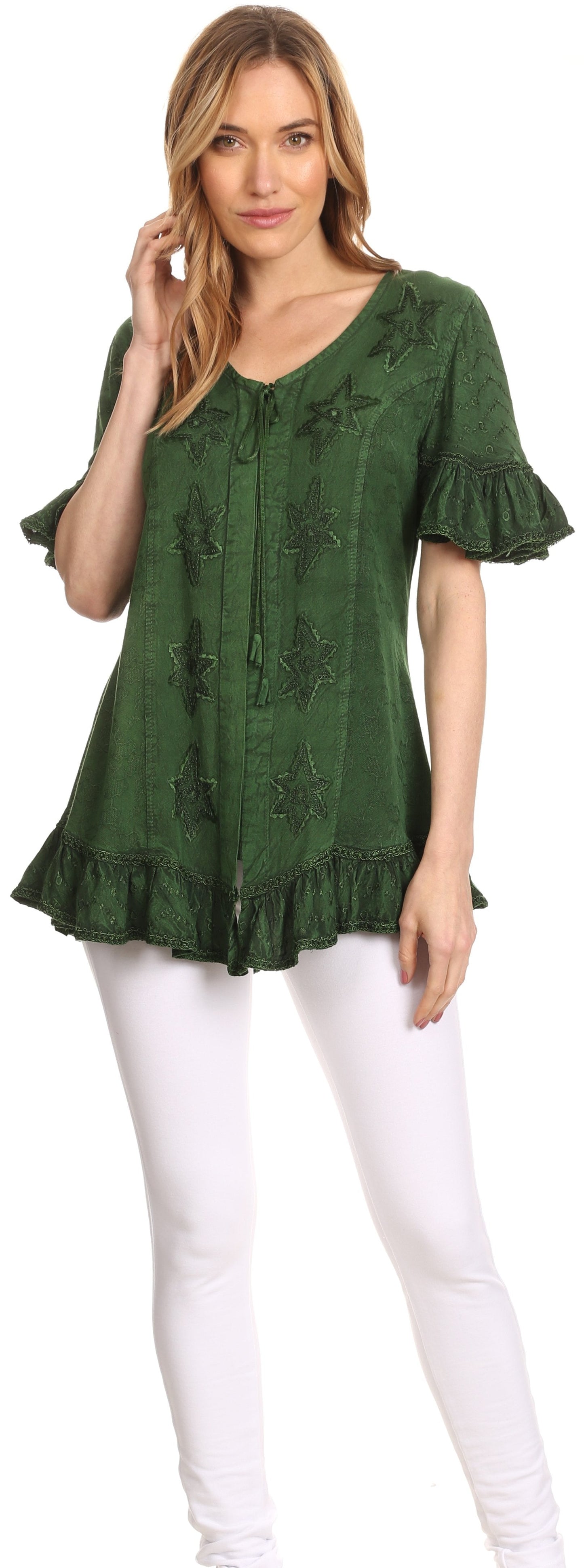 Sakkas Sayle Long Star Embroidered Blouse Shirt Top With Button Front And Ruffles - Concordia Style Boutique