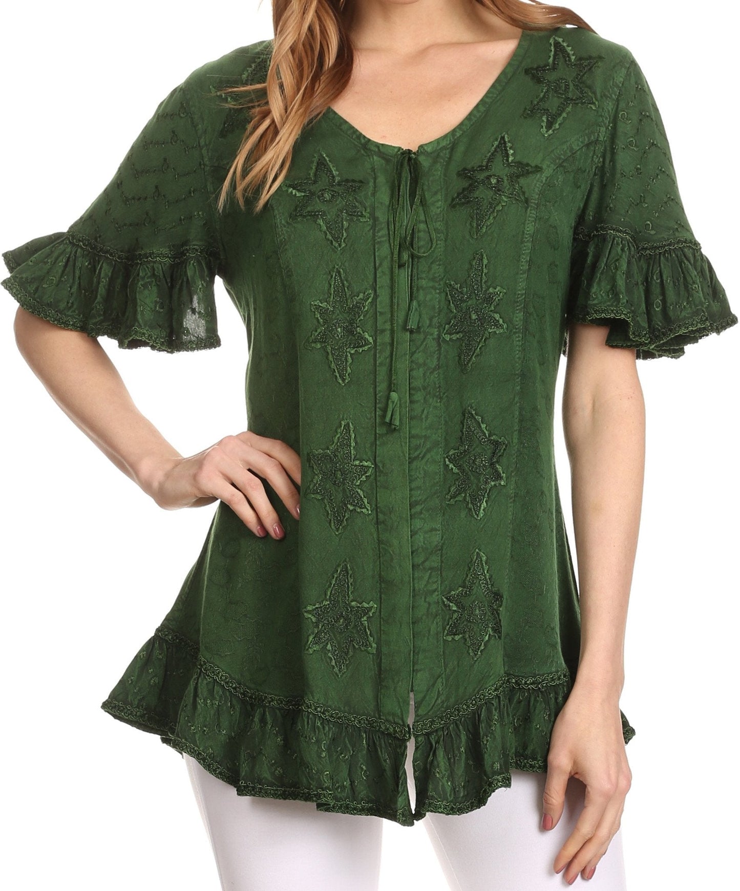 Sakkas Sayle Long Star Embroidered Blouse Shirt Top With Button Front And Ruffles - Concordia Style Boutique