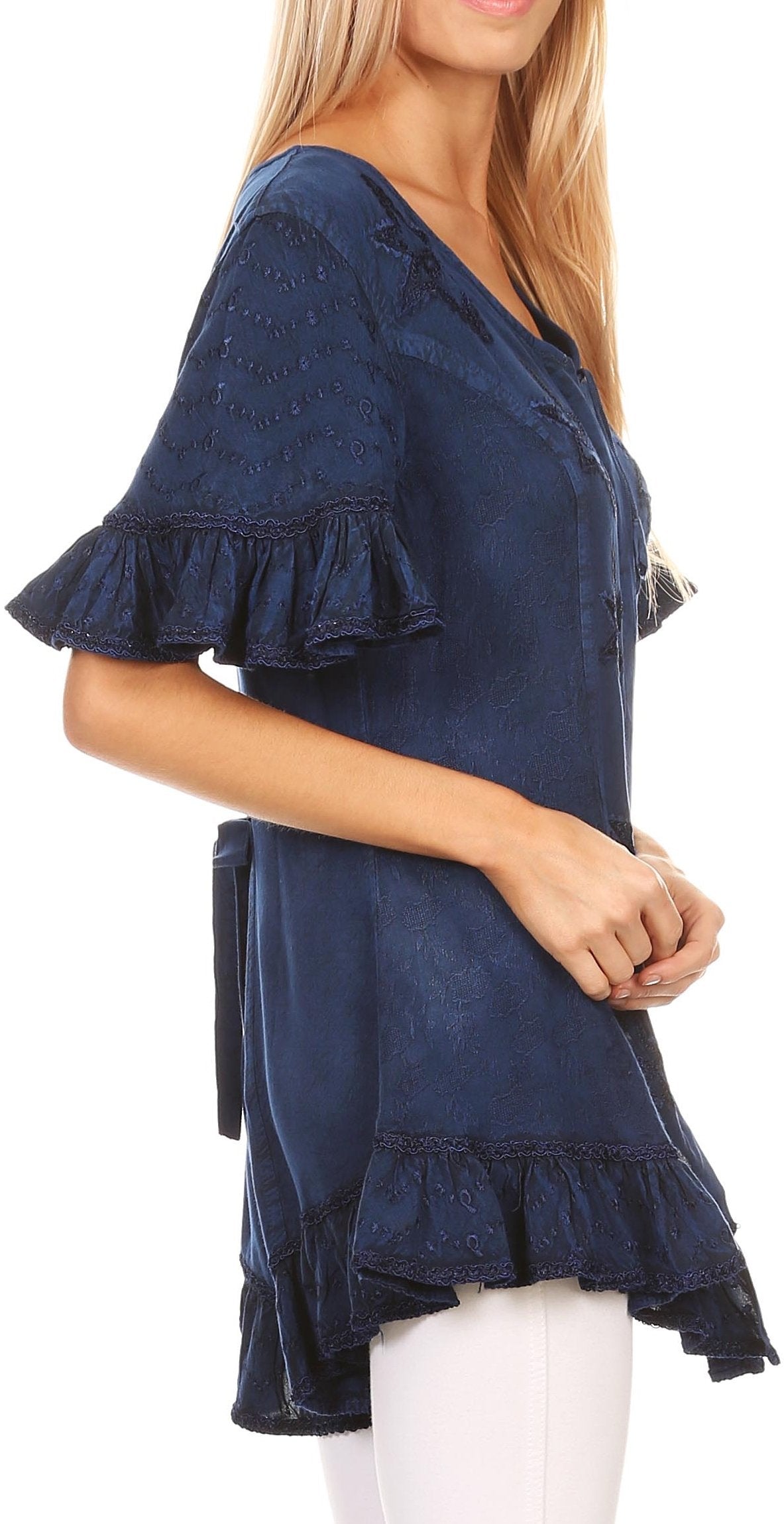 Sakkas Sayle Long Star Embroidered Blouse Shirt Top With Button Front And Ruffles - Concordia Style Boutique
