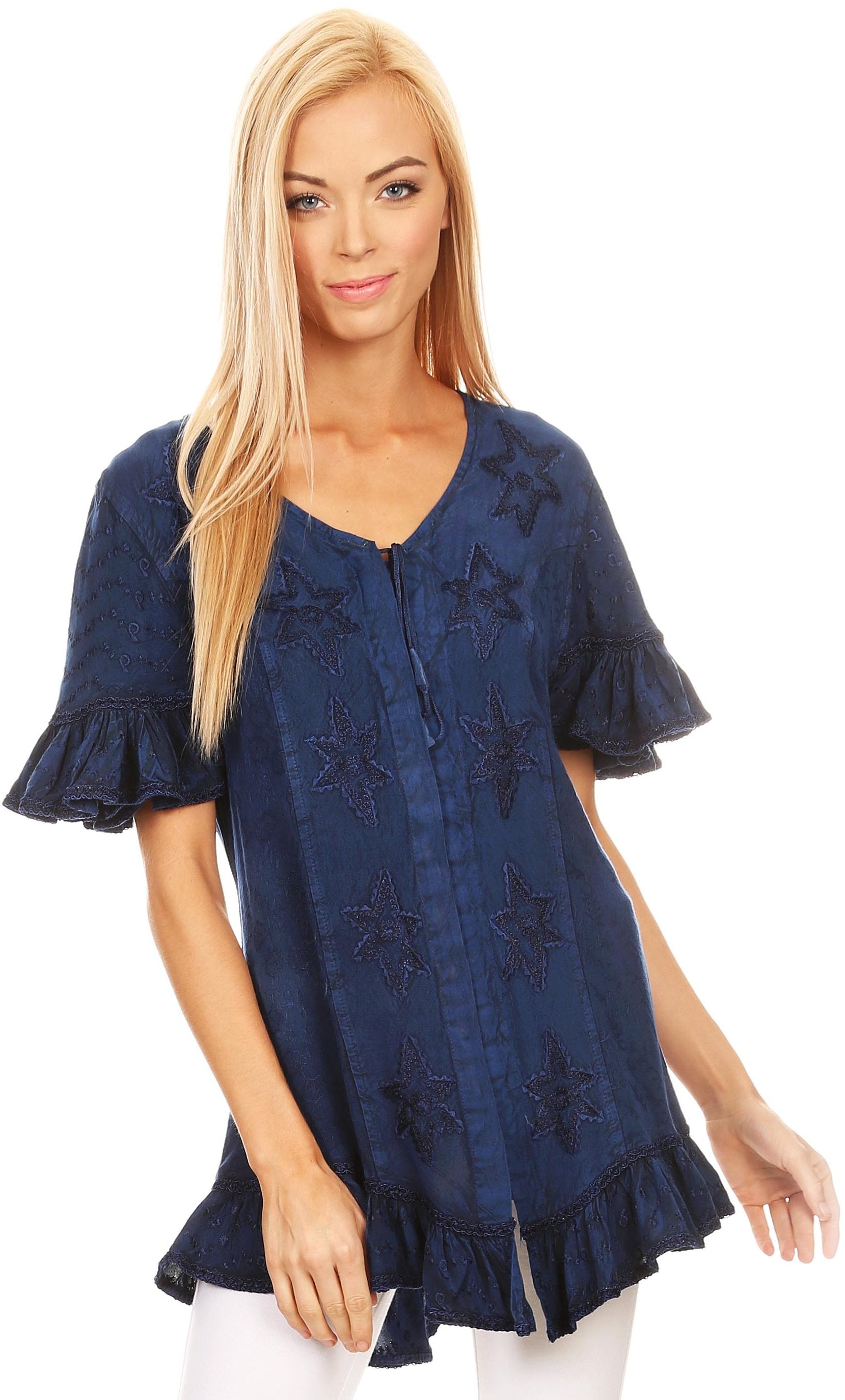 Sakkas Sayle Long Star Embroidered Blouse Shirt Top With Button Front And Ruffles - Concordia Style Boutique