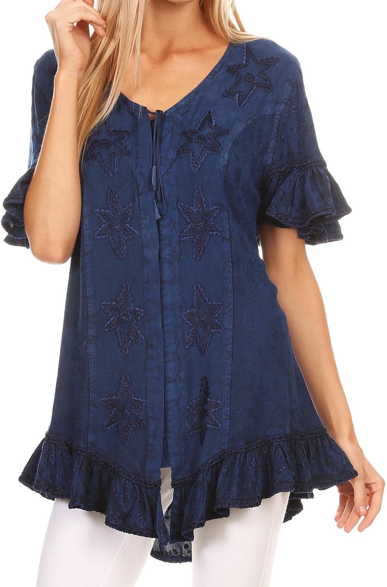 Sakkas Sayle Long Star Embroidered Blouse Shirt Top With Button Front And Ruffles - Concordia Style Boutique