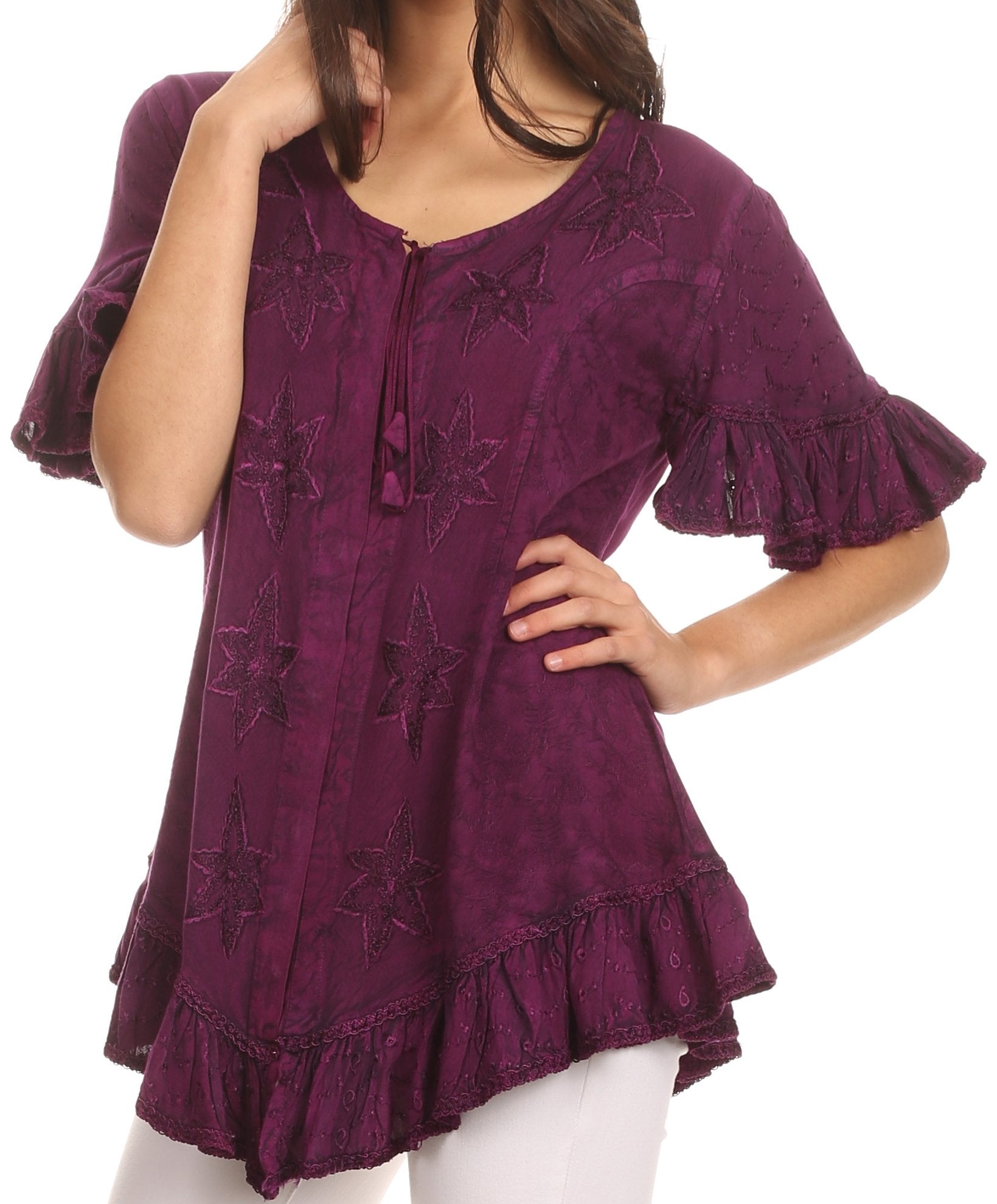 Sakkas Sayle Long Star Embroidered Blouse Shirt Top With Button Front And Ruffles - Concordia Style Boutique