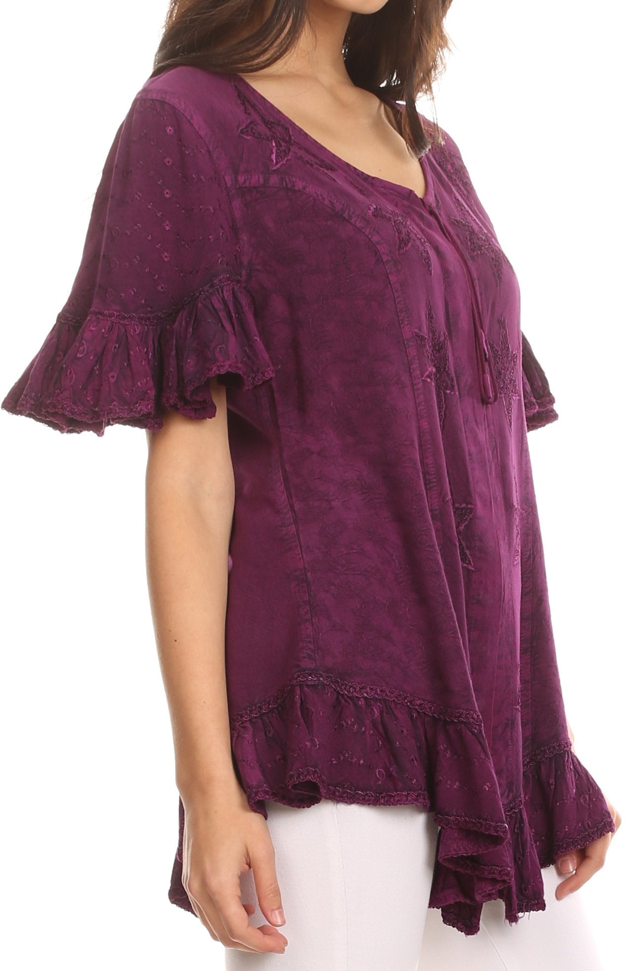 Sakkas Sayle Long Star Embroidered Blouse Shirt Top With Button Front And Ruffles - Concordia Style Boutique