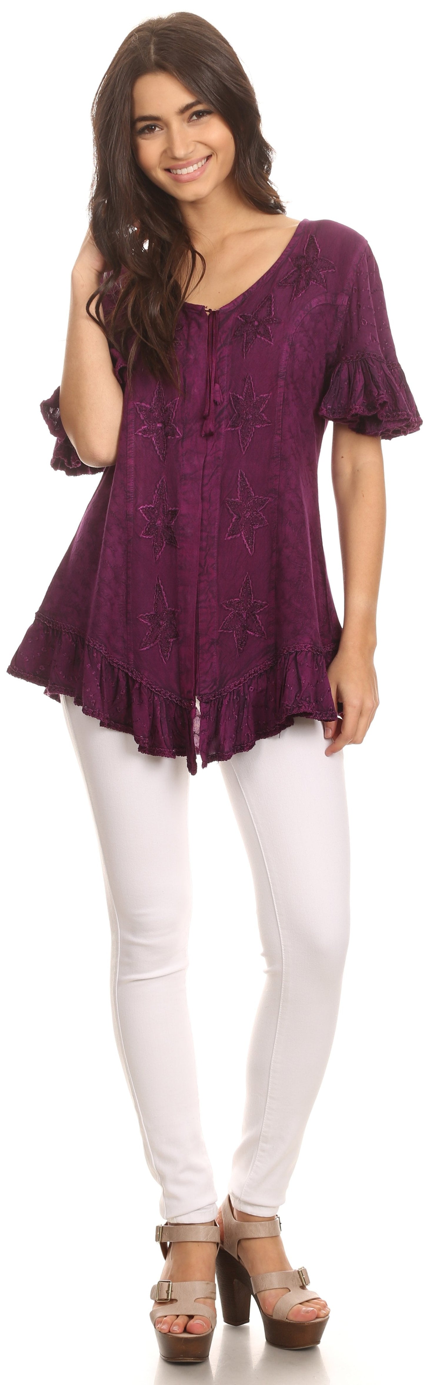 Sakkas Sayle Long Star Embroidered Blouse Shirt Top With Button Front And Ruffles - Concordia Style Boutique