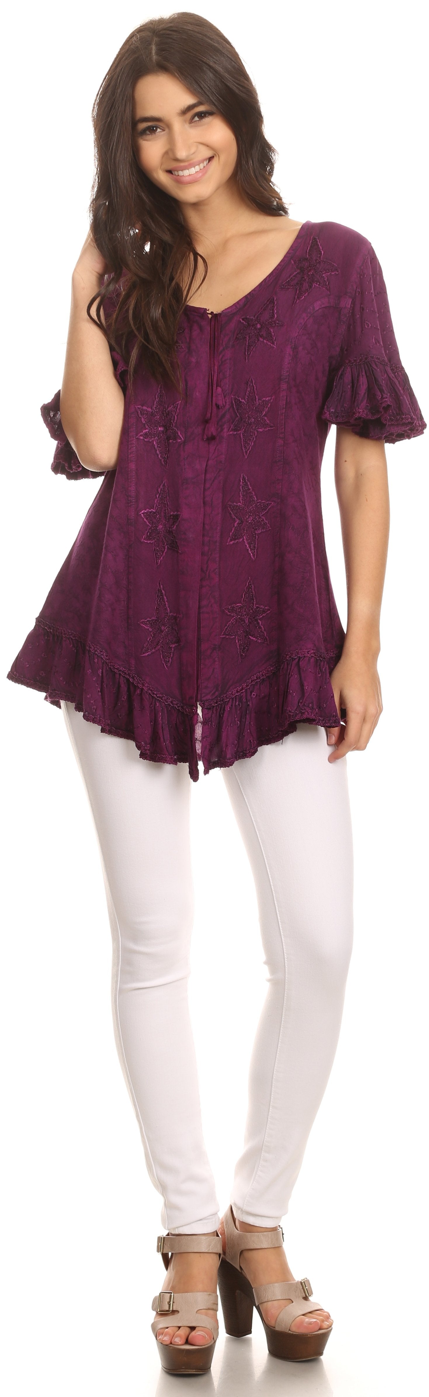 Sakkas Sayle Long Star Embroidered Blouse Shirt Top With Button Front And Ruffles - Concordia Style Boutique