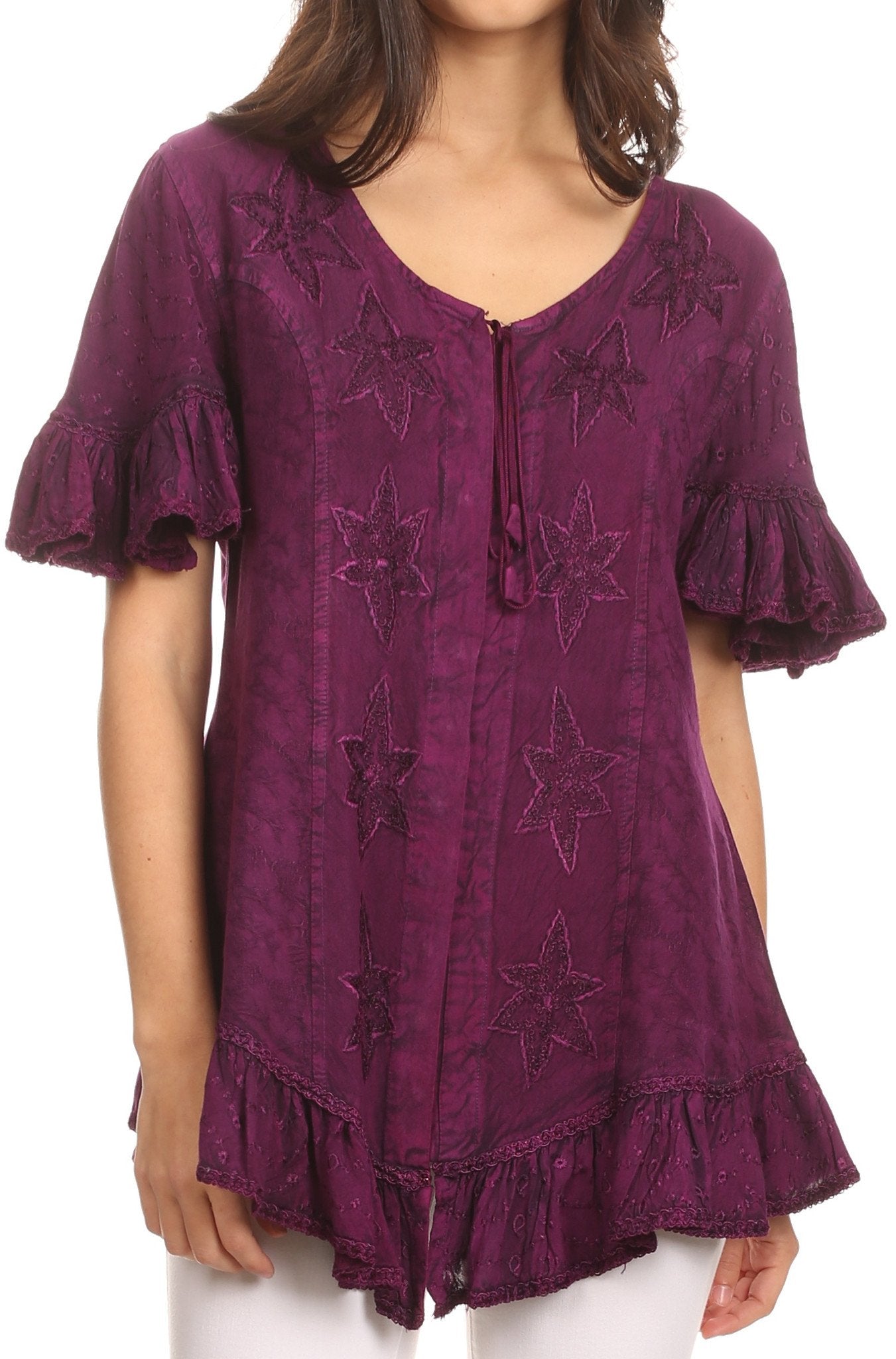 Sakkas Sayle Long Star Embroidered Blouse Shirt Top With Button Front And Ruffles - Concordia Style Boutique