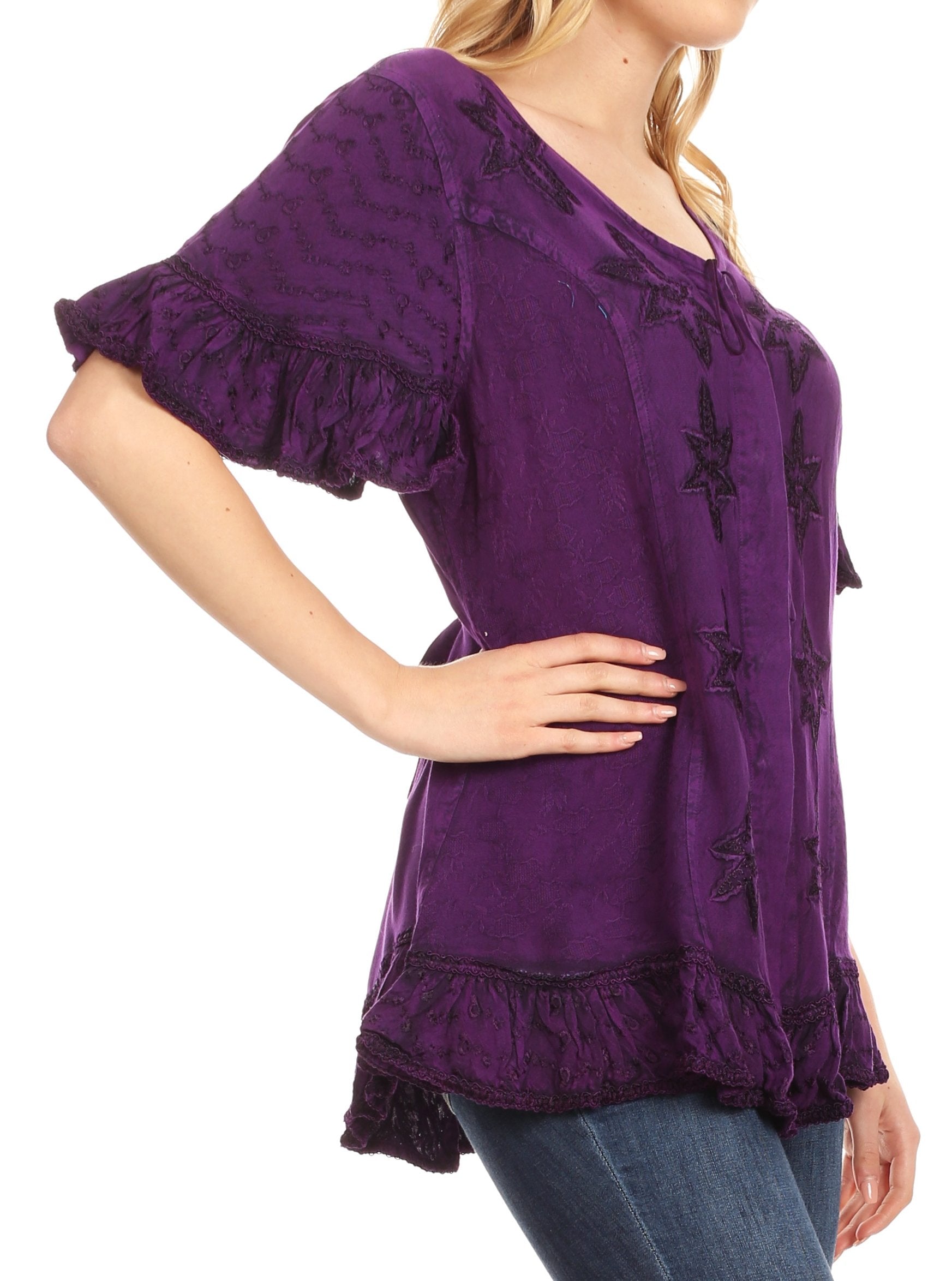 Sakkas Sayle Long Star Embroidered Blouse Shirt Top With Button Front And Ruffles - Concordia Style Boutique