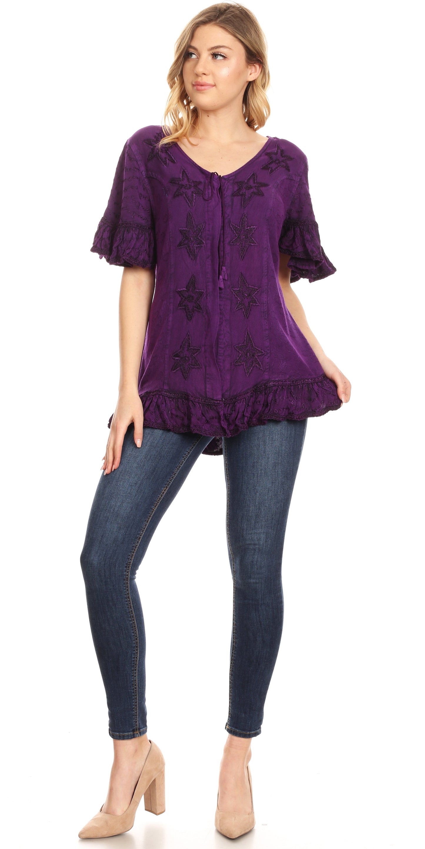 Sakkas Sayle Long Star Embroidered Blouse Shirt Top With Button Front And Ruffles - Concordia Style Boutique