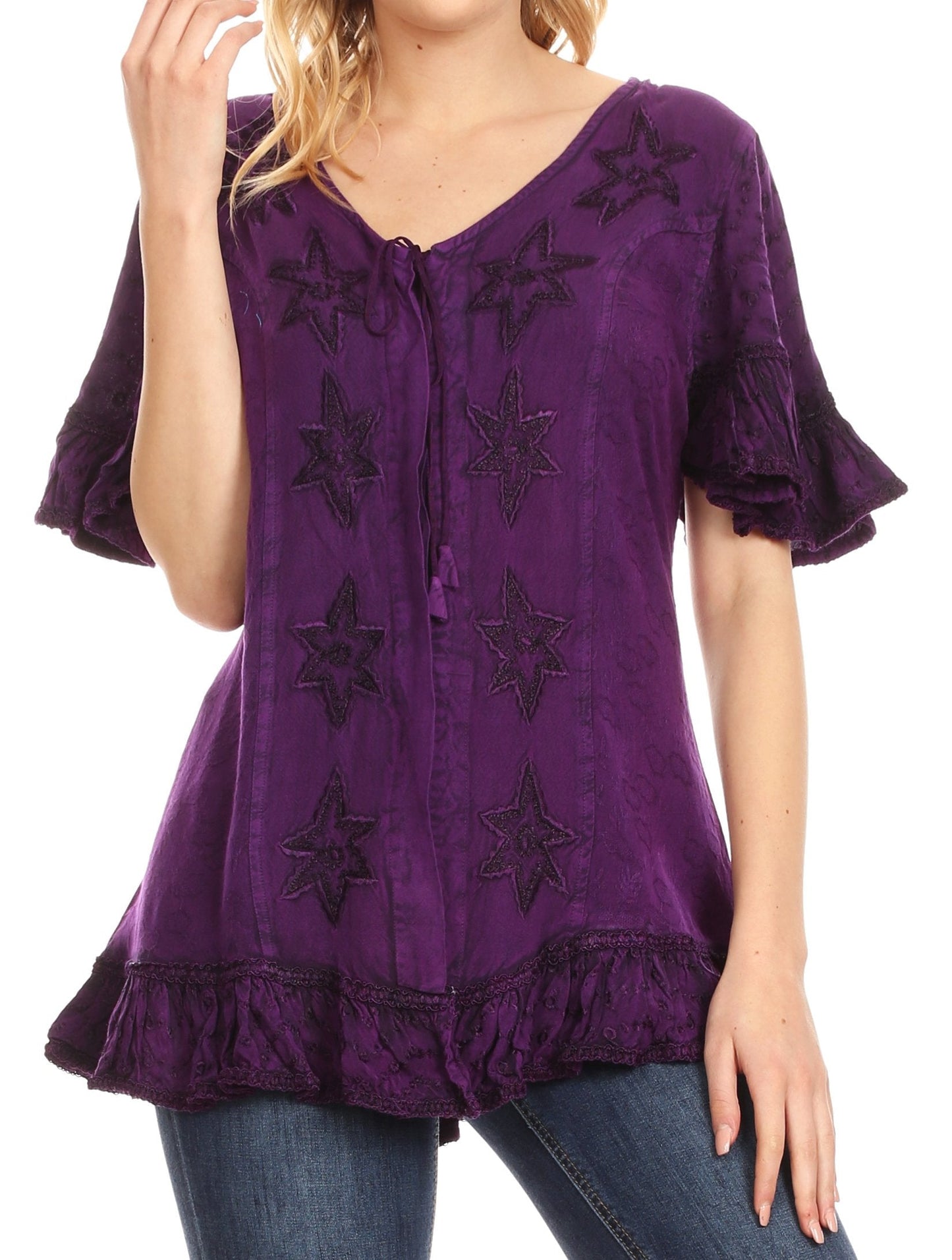 Sakkas Sayle Long Star Embroidered Blouse Shirt Top With Button Front And Ruffles - Concordia Style Boutique