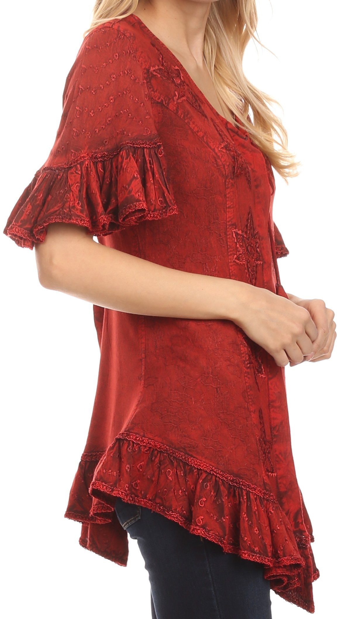 Sakkas Sayle Long Star Embroidered Blouse Shirt Top With Button Front And Ruffles - Concordia Style Boutique