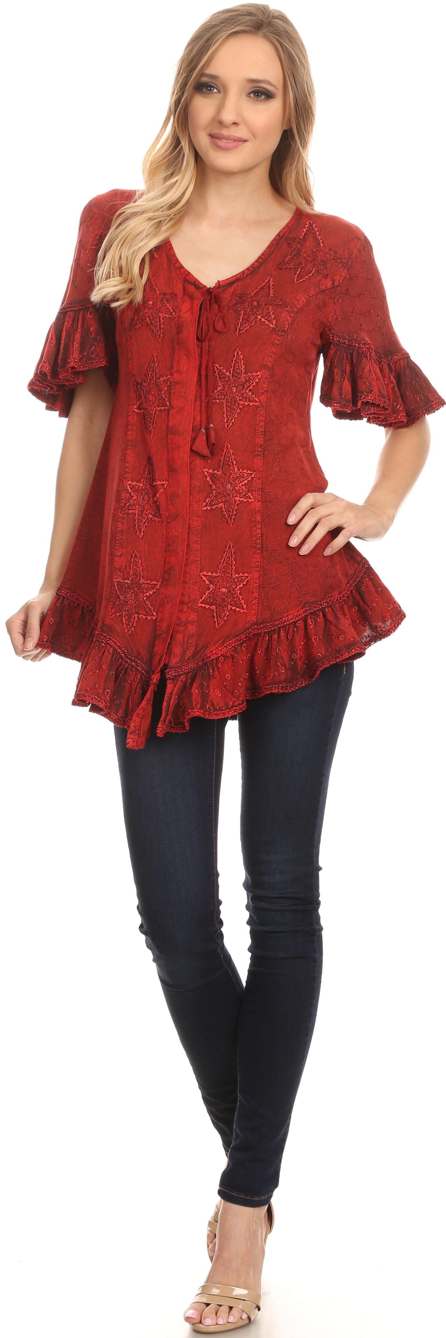 Sakkas Sayle Long Star Embroidered Blouse Shirt Top With Button Front And Ruffles - Concordia Style Boutique