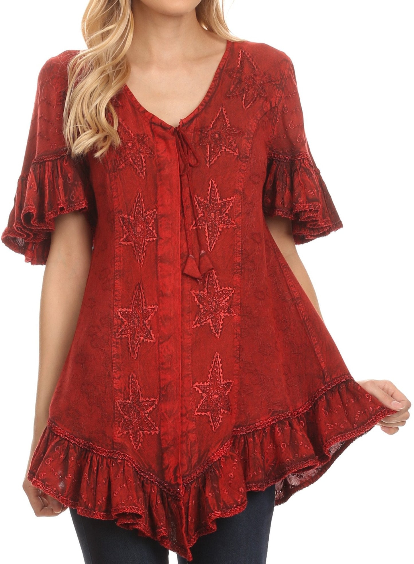 Sakkas Sayle Long Star Embroidered Blouse Shirt Top With Button Front And Ruffles - Concordia Style Boutique