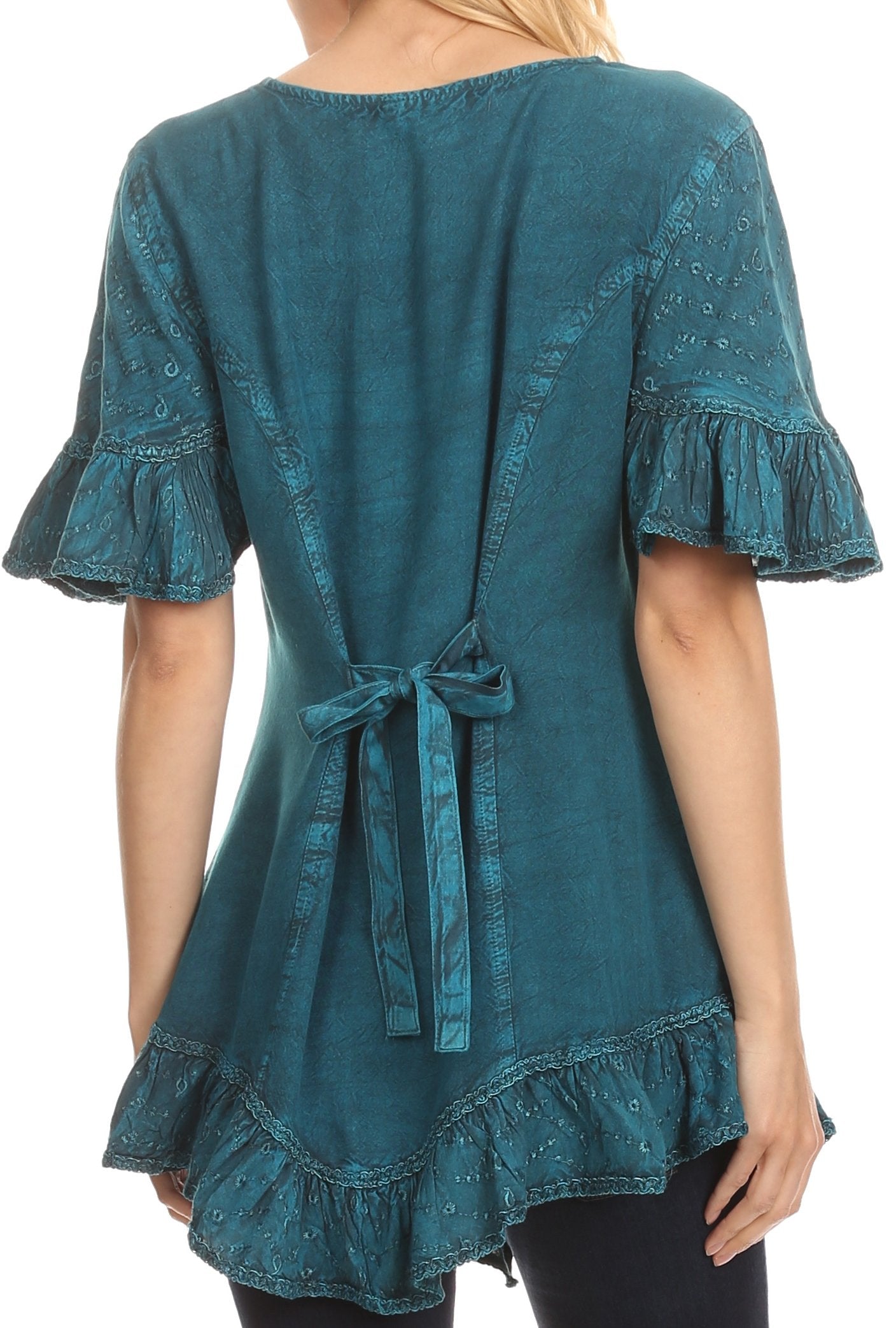Sakkas Sayle Long Star Embroidered Blouse Shirt Top With Button Front And Ruffles - Concordia Style Boutique