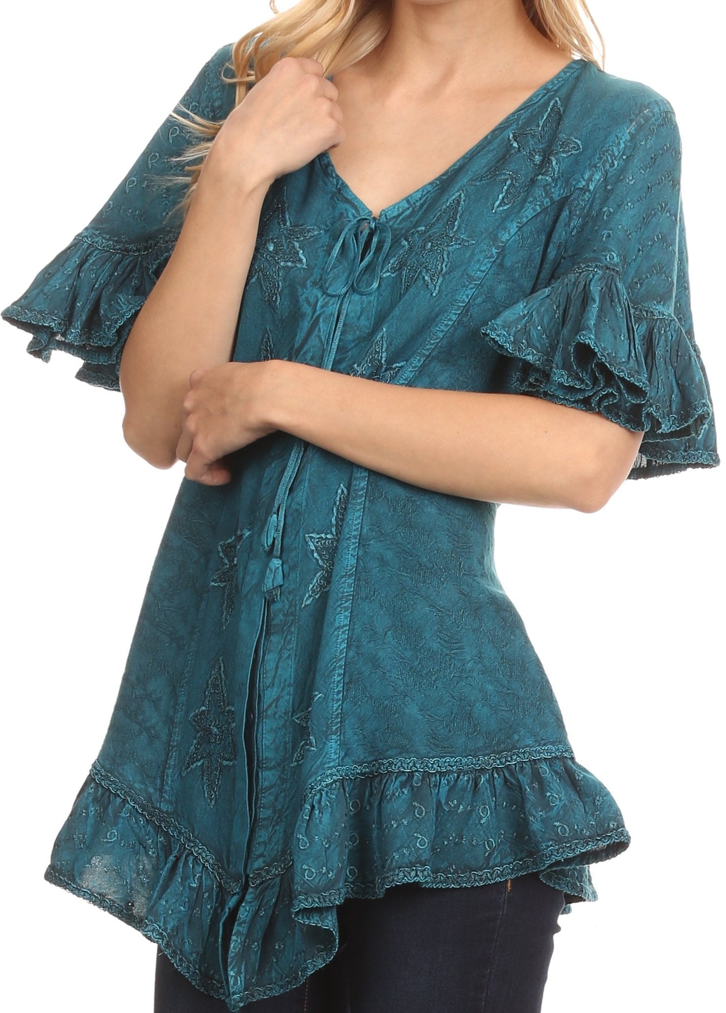 Sakkas Sayle Long Star Embroidered Blouse Shirt Top With Button Front And Ruffles - Concordia Style Boutique