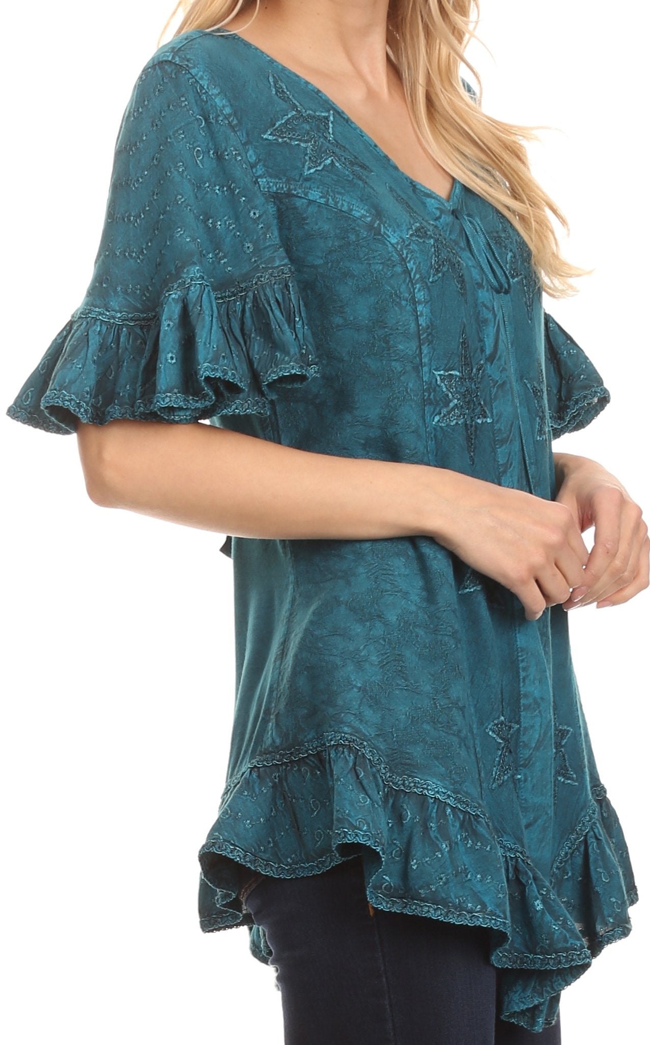 Sakkas Sayle Long Star Embroidered Blouse Shirt Top With Button Front And Ruffles - Concordia Style Boutique