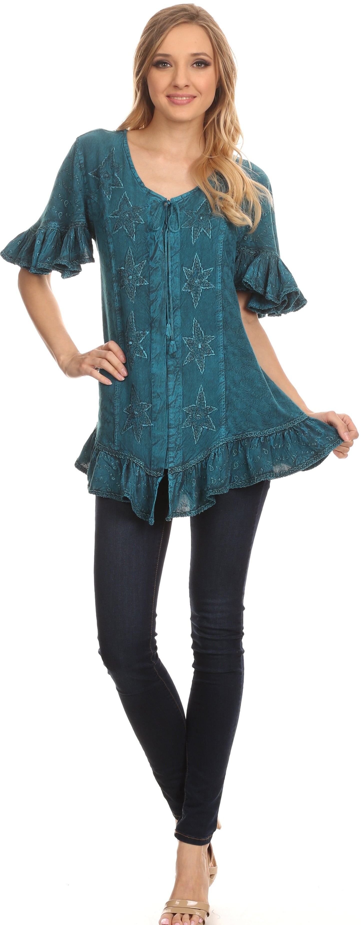 Sakkas Sayle Long Star Embroidered Blouse Shirt Top With Button Front And Ruffles - Concordia Style Boutique