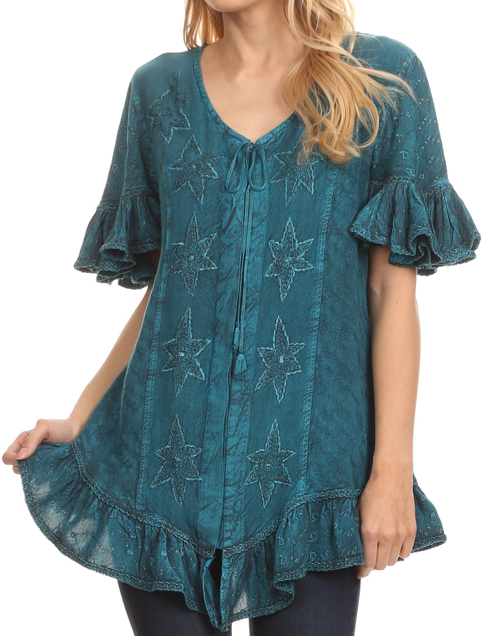 Sakkas Sayle Long Star Embroidered Blouse Shirt Top With Button Front And Ruffles - Concordia Style Boutique