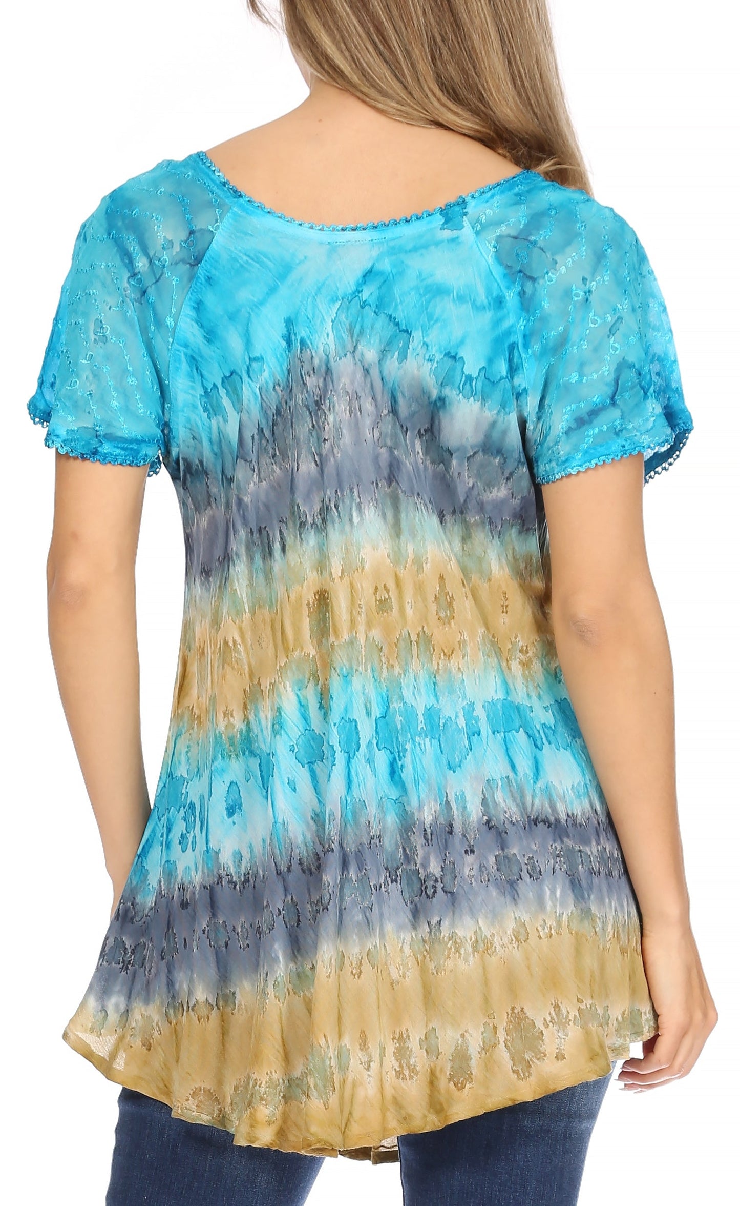 Sakkas Monet Long Tall Tie Dye Ombre Embroidered Cap Sleeve Blouse Shirt Top - Concordia Style Boutique
