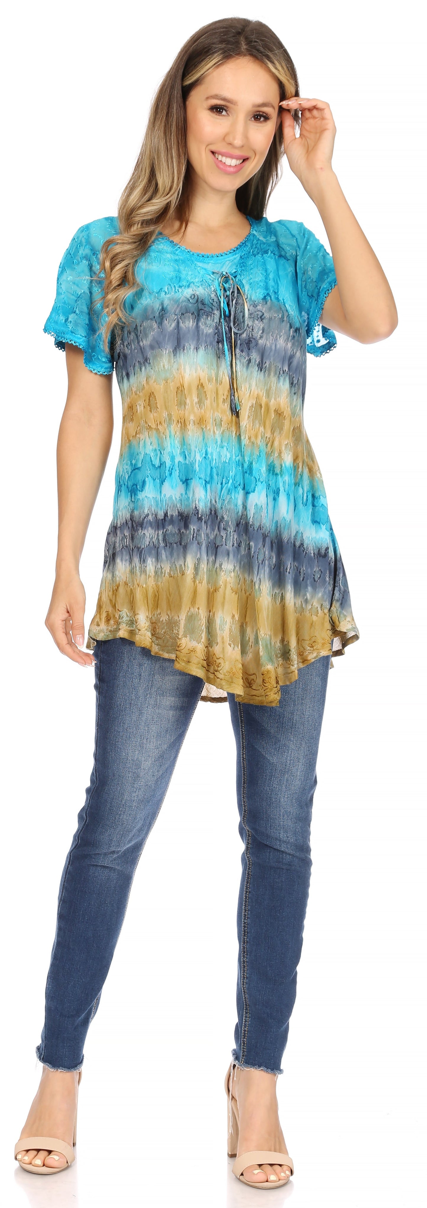 Sakkas Monet Long Tall Tie Dye Ombre Embroidered Cap Sleeve Blouse Shirt Top - Concordia Style Boutique