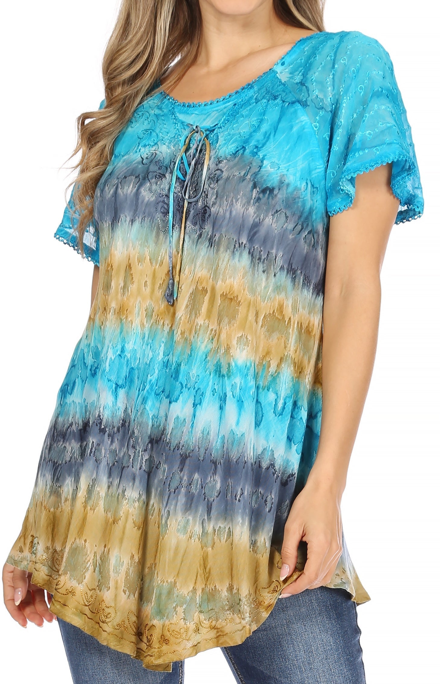 Sakkas Monet Long Tall Tie Dye Ombre Embroidered Cap Sleeve Blouse Shirt Top - Concordia Style Boutique