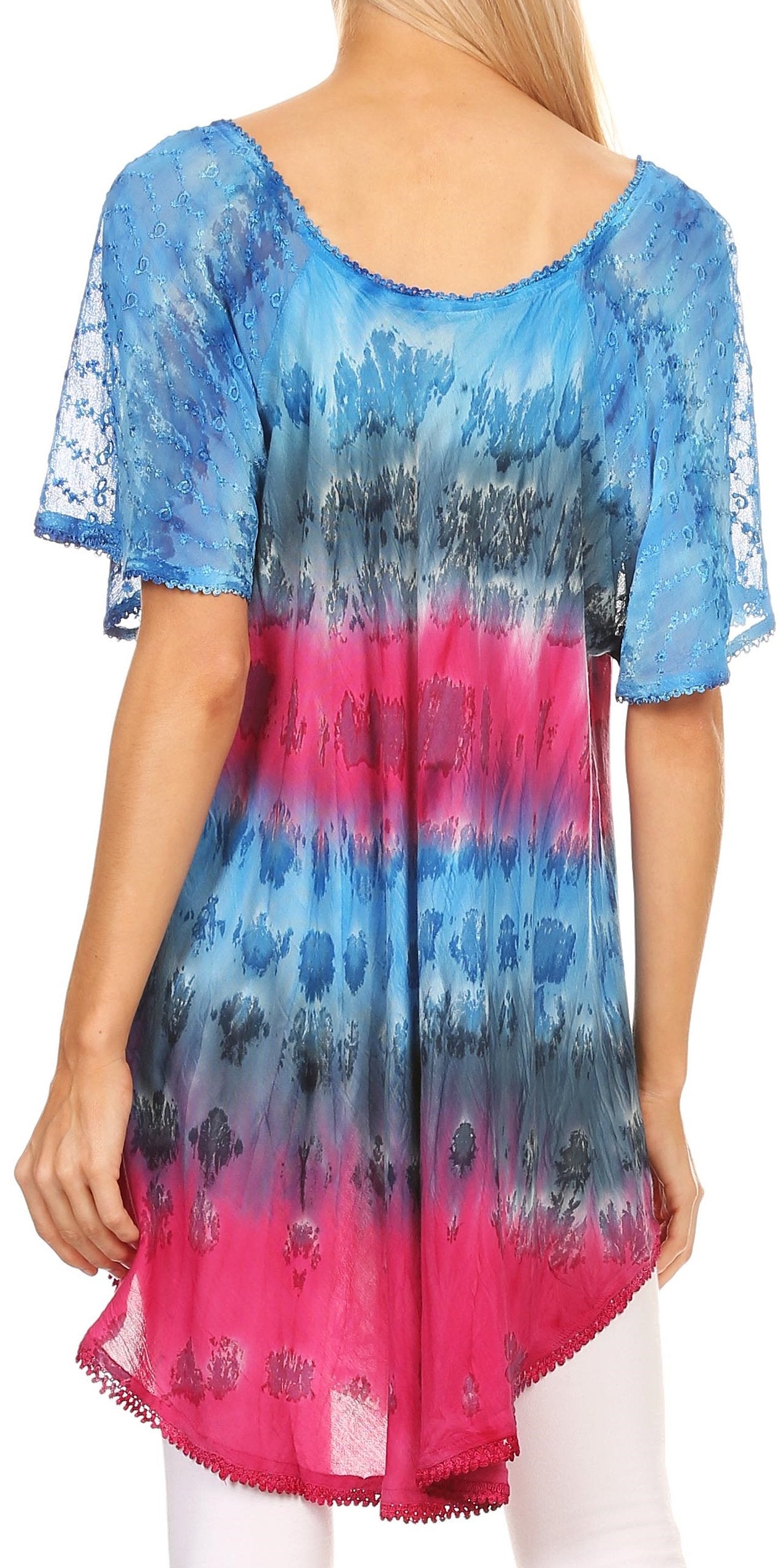 Sakkas Monet Long Tall Tie Dye Ombre Embroidered Cap Sleeve Blouse Shirt Top - Concordia Style Boutique