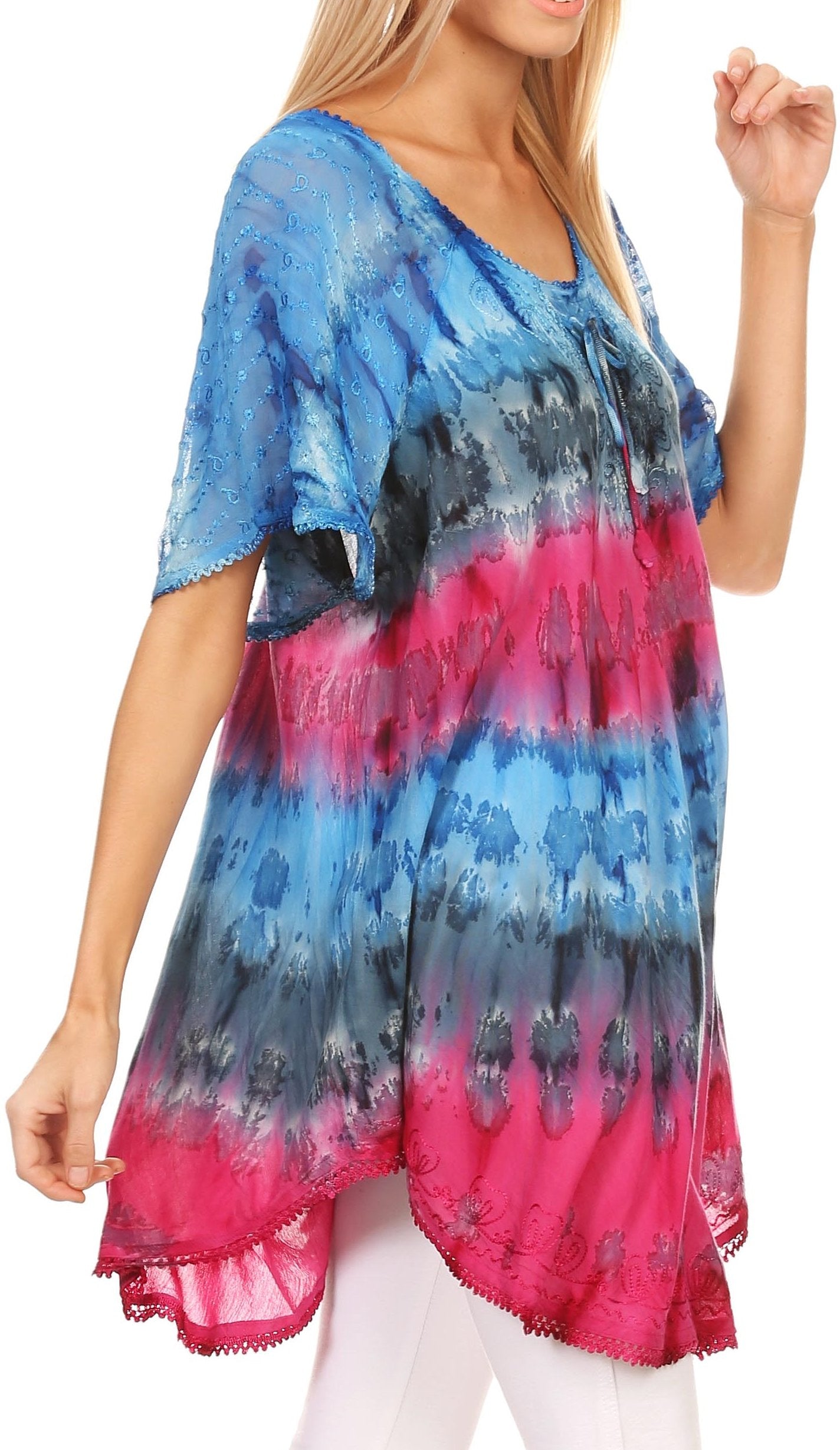 Sakkas Monet Long Tall Tie Dye Ombre Embroidered Cap Sleeve Blouse Shirt Top - Concordia Style Boutique