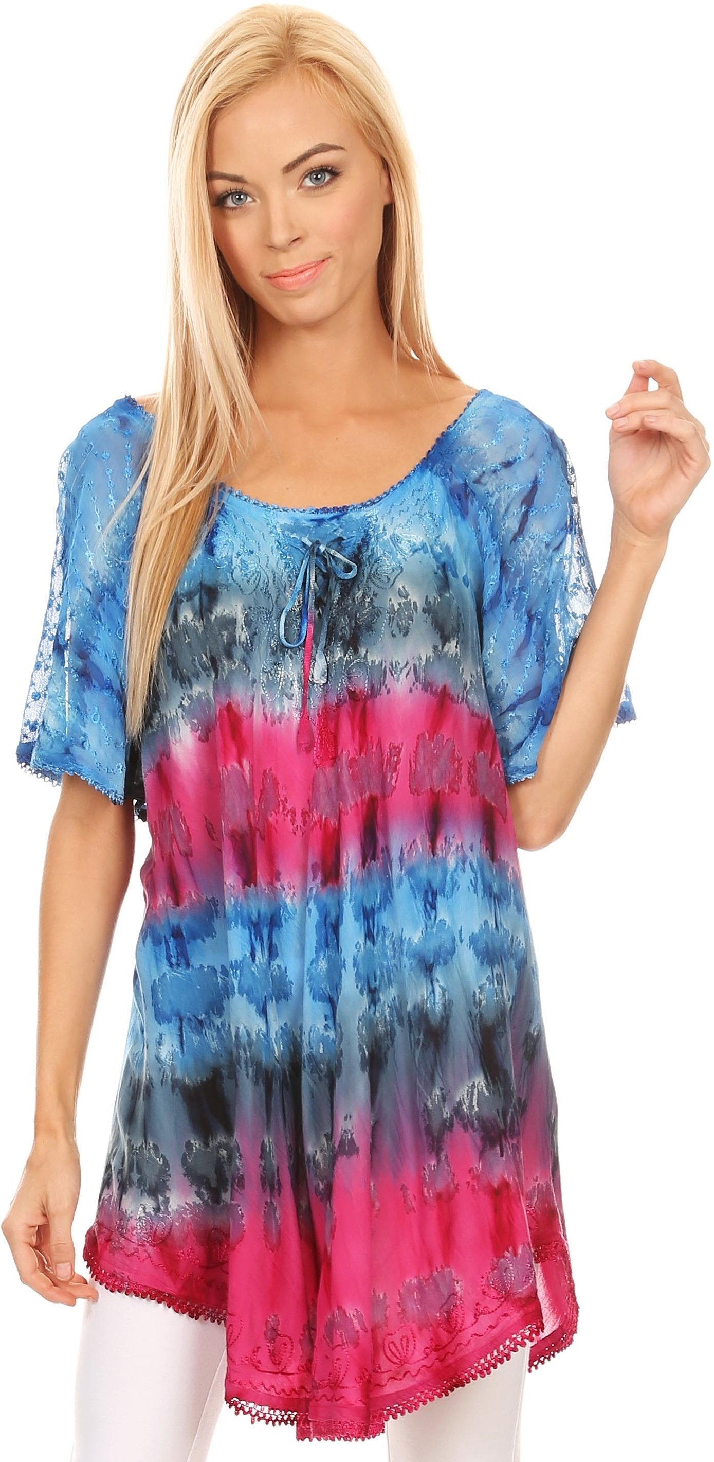 Sakkas Monet Long Tall Tie Dye Ombre Embroidered Cap Sleeve Blouse Shirt Top - Concordia Style Boutique