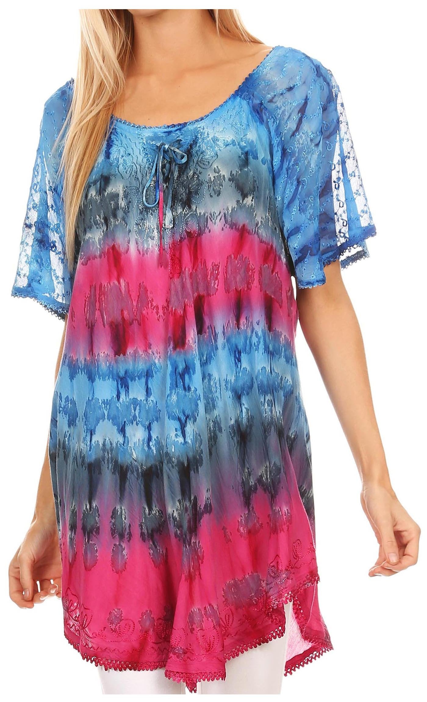 Sakkas Monet Long Tall Tie Dye Ombre Embroidered Cap Sleeve Blouse Shirt Top - Concordia Style Boutique