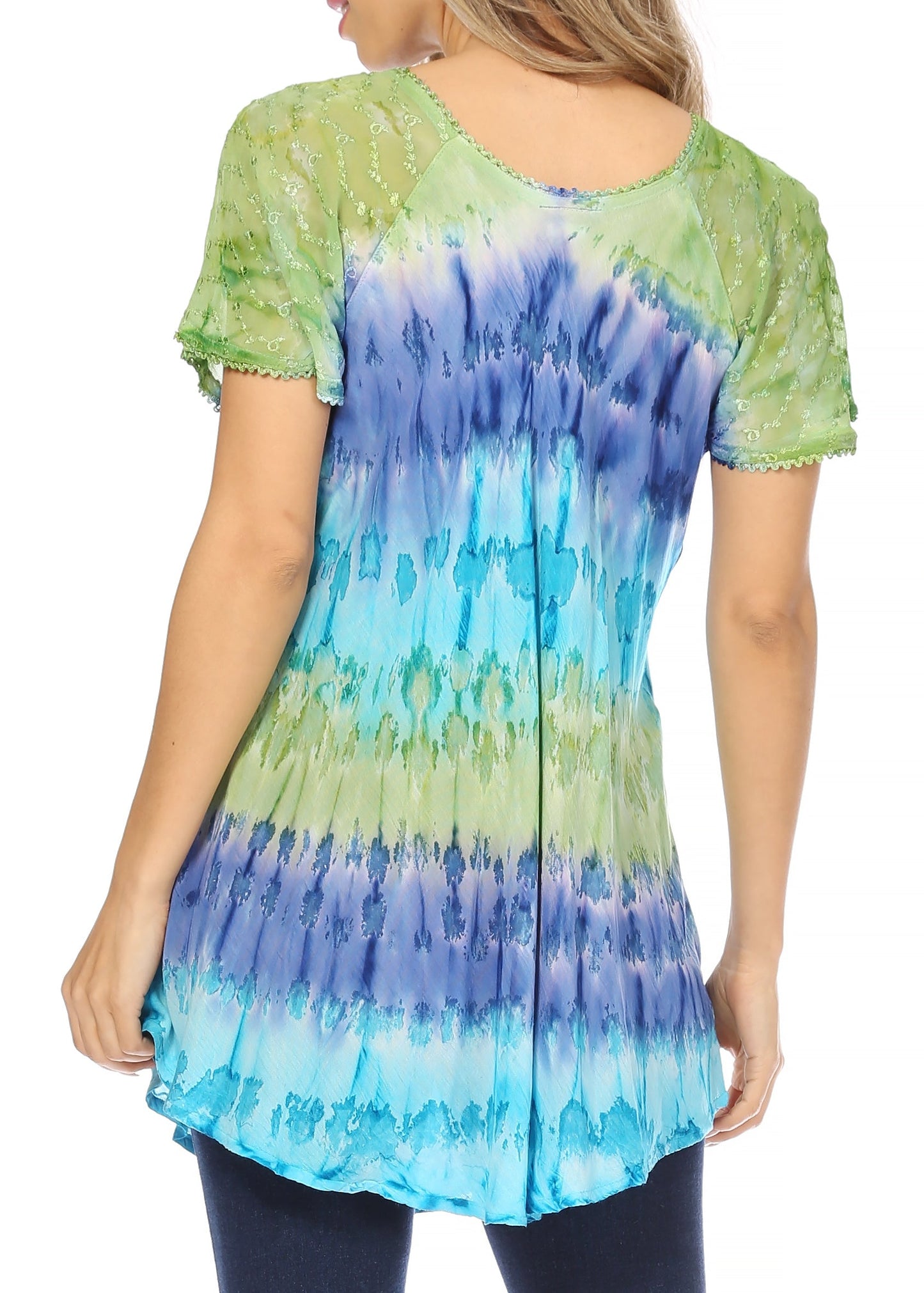 Sakkas Monet Long Tall Tie Dye Ombre Embroidered Cap Sleeve Blouse Shirt Top - Concordia Style Boutique
