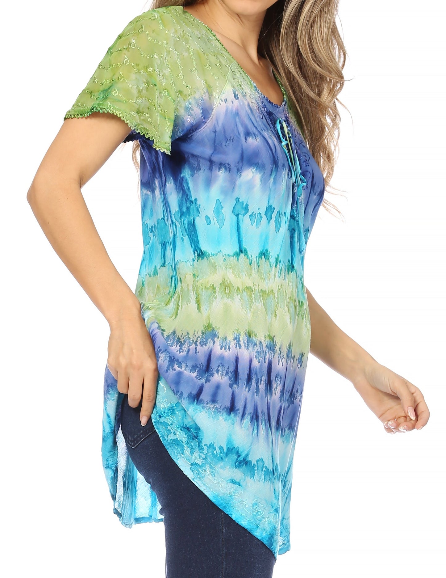 Sakkas Monet Long Tall Tie Dye Ombre Embroidered Cap Sleeve Blouse Shirt Top - Concordia Style Boutique