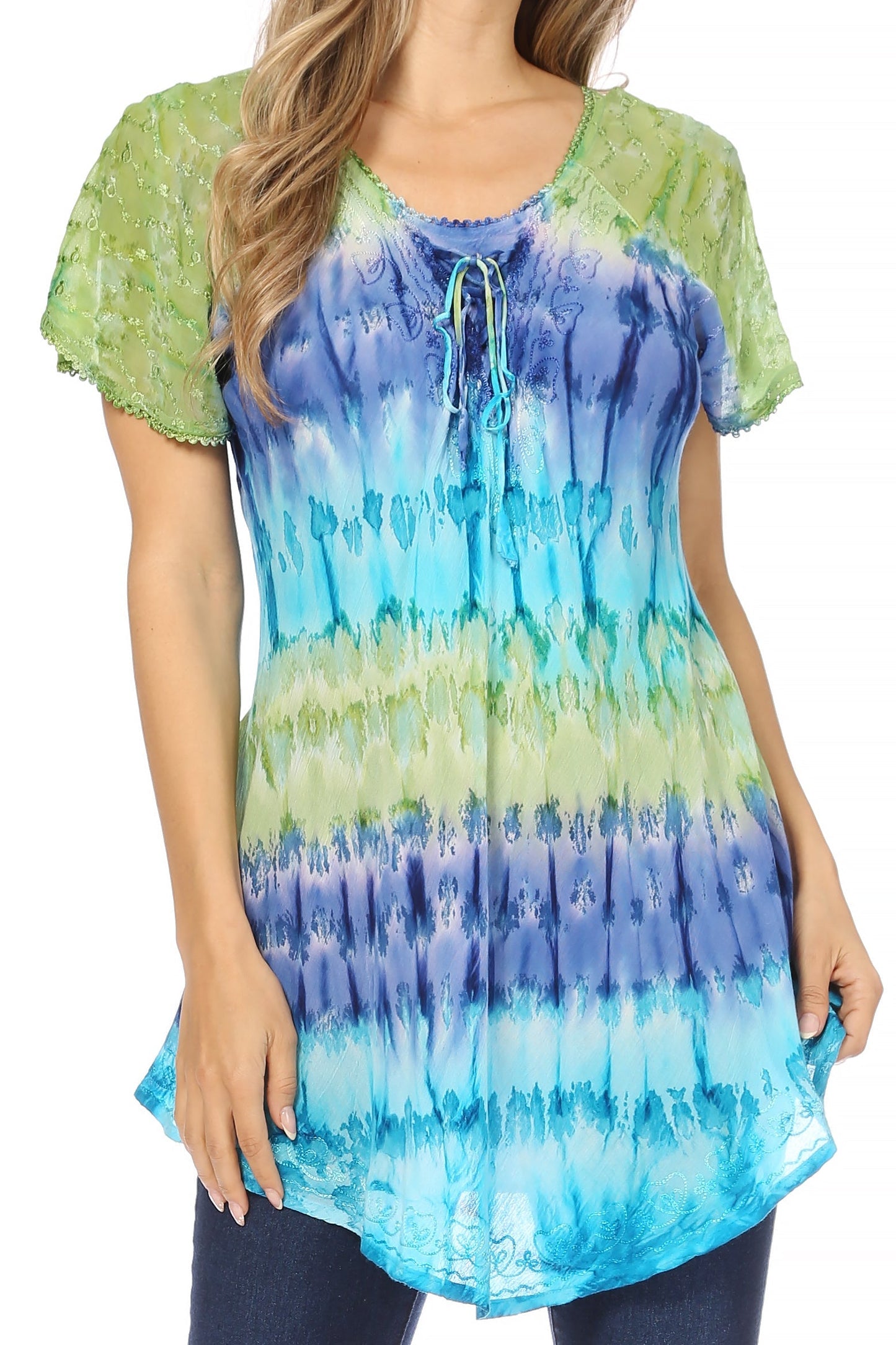 Sakkas Monet Long Tall Tie Dye Ombre Embroidered Cap Sleeve Blouse Shirt Top - Concordia Style Boutique