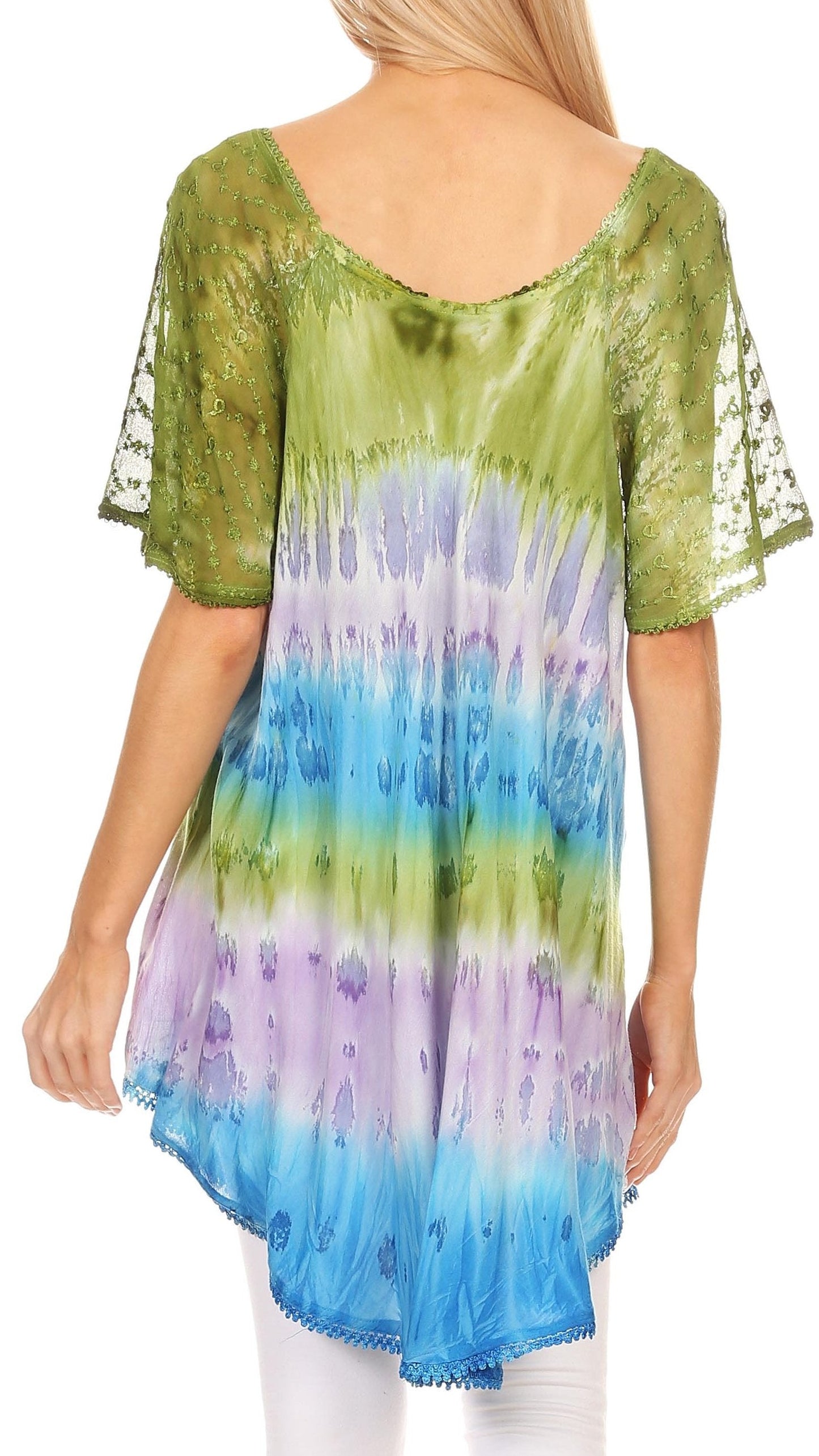 Sakkas Monet Long Tall Tie Dye Ombre Embroidered Cap Sleeve Blouse Shirt Top - Concordia Style Boutique