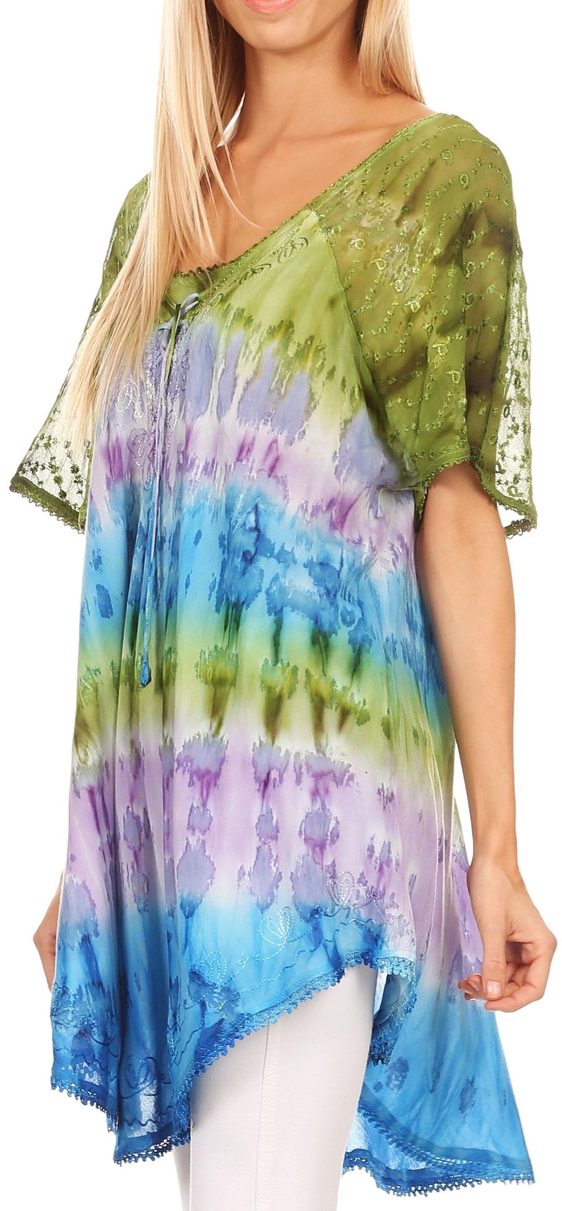Sakkas Monet Long Tall Tie Dye Ombre Embroidered Cap Sleeve Blouse Shirt Top - Concordia Style Boutique
