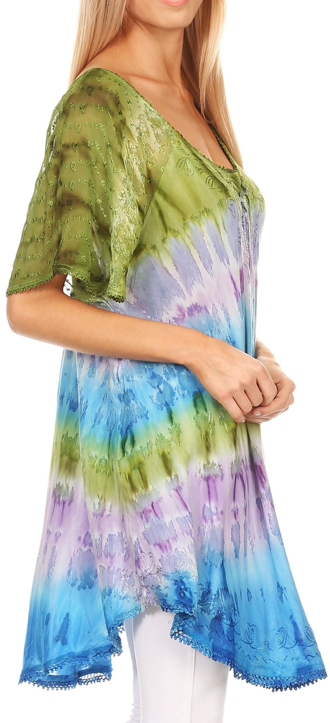Sakkas Monet Long Tall Tie Dye Ombre Embroidered Cap Sleeve Blouse Shirt Top - Concordia Style Boutique