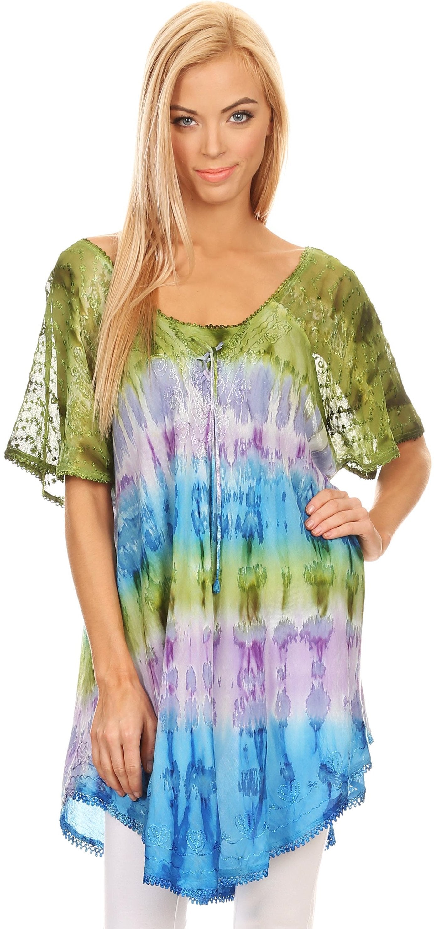 Sakkas Monet Long Tall Tie Dye Ombre Embroidered Cap Sleeve Blouse Shirt Top - Concordia Style Boutique