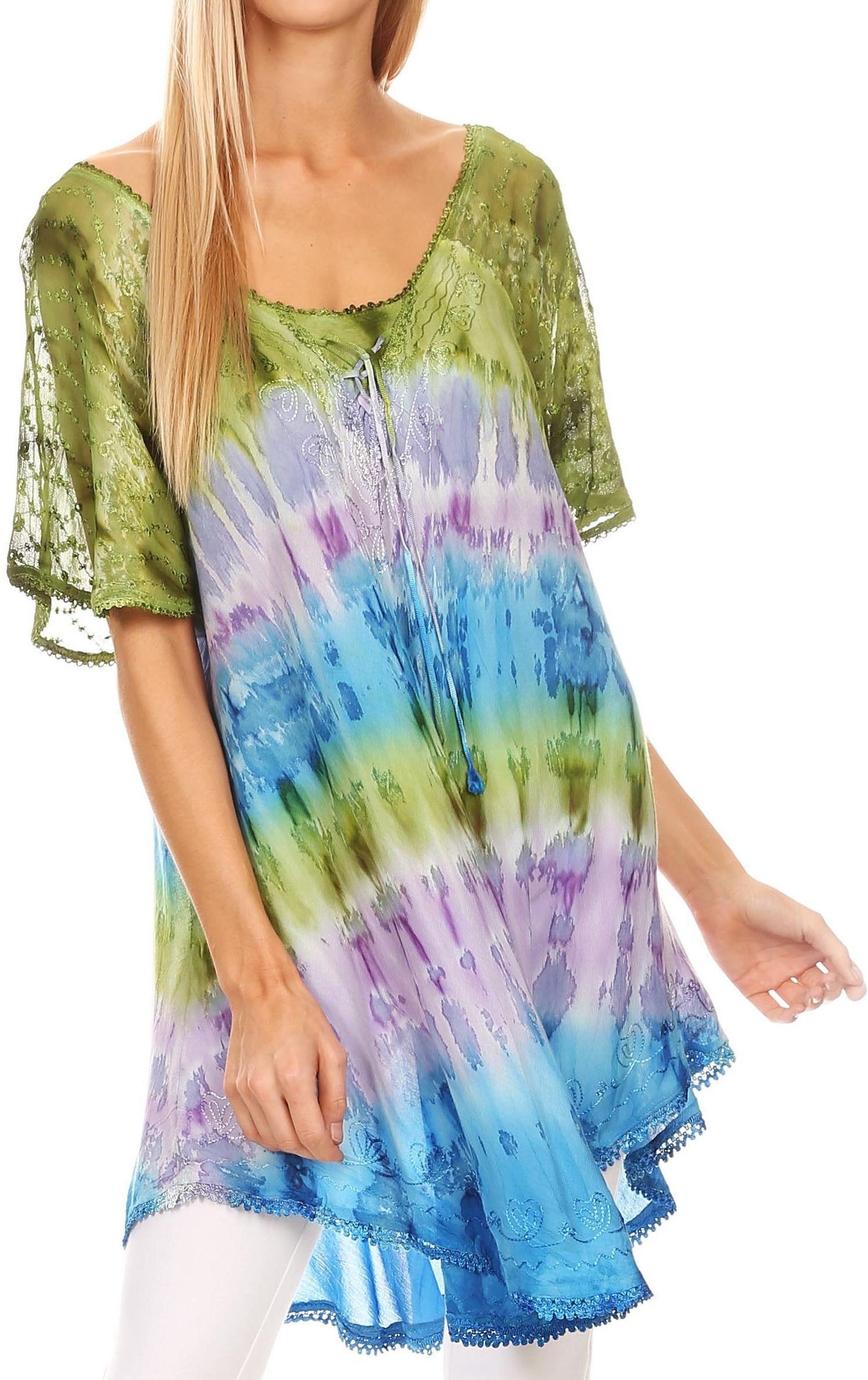 Sakkas Monet Long Tall Tie Dye Ombre Embroidered Cap Sleeve Blouse Shirt Top - Concordia Style Boutique