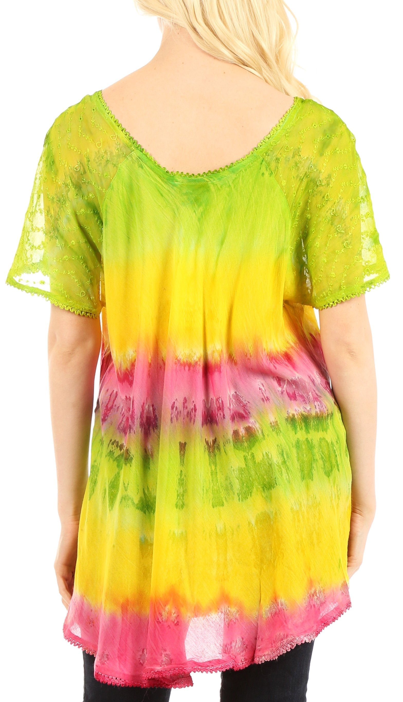 Sakkas Monet Long Tall Tie Dye Ombre Embroidered Cap Sleeve Blouse Shirt Top - Concordia Style Boutique