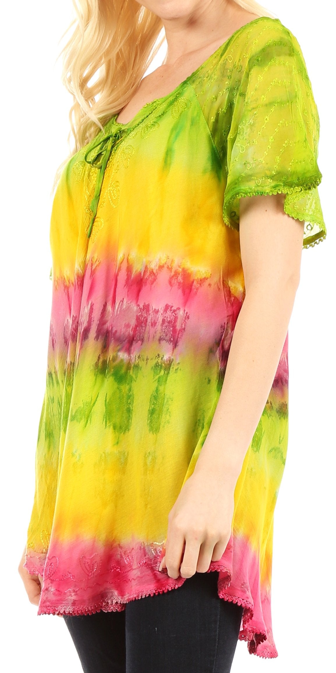 Sakkas Monet Long Tall Tie Dye Ombre Embroidered Cap Sleeve Blouse Shirt Top - Concordia Style Boutique