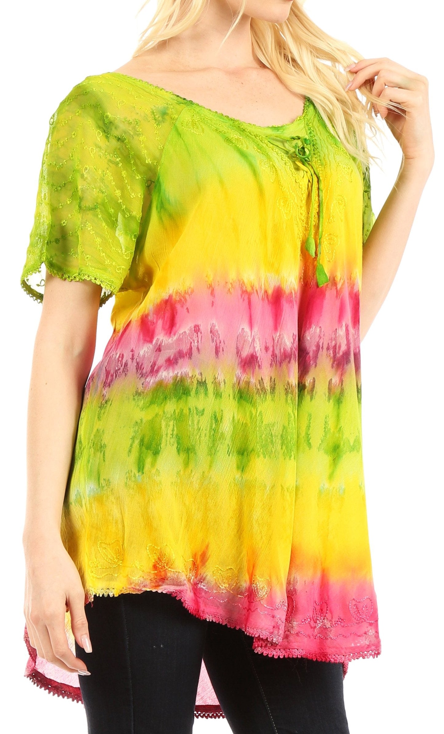 Sakkas Monet Long Tall Tie Dye Ombre Embroidered Cap Sleeve Blouse Shirt Top - Concordia Style Boutique