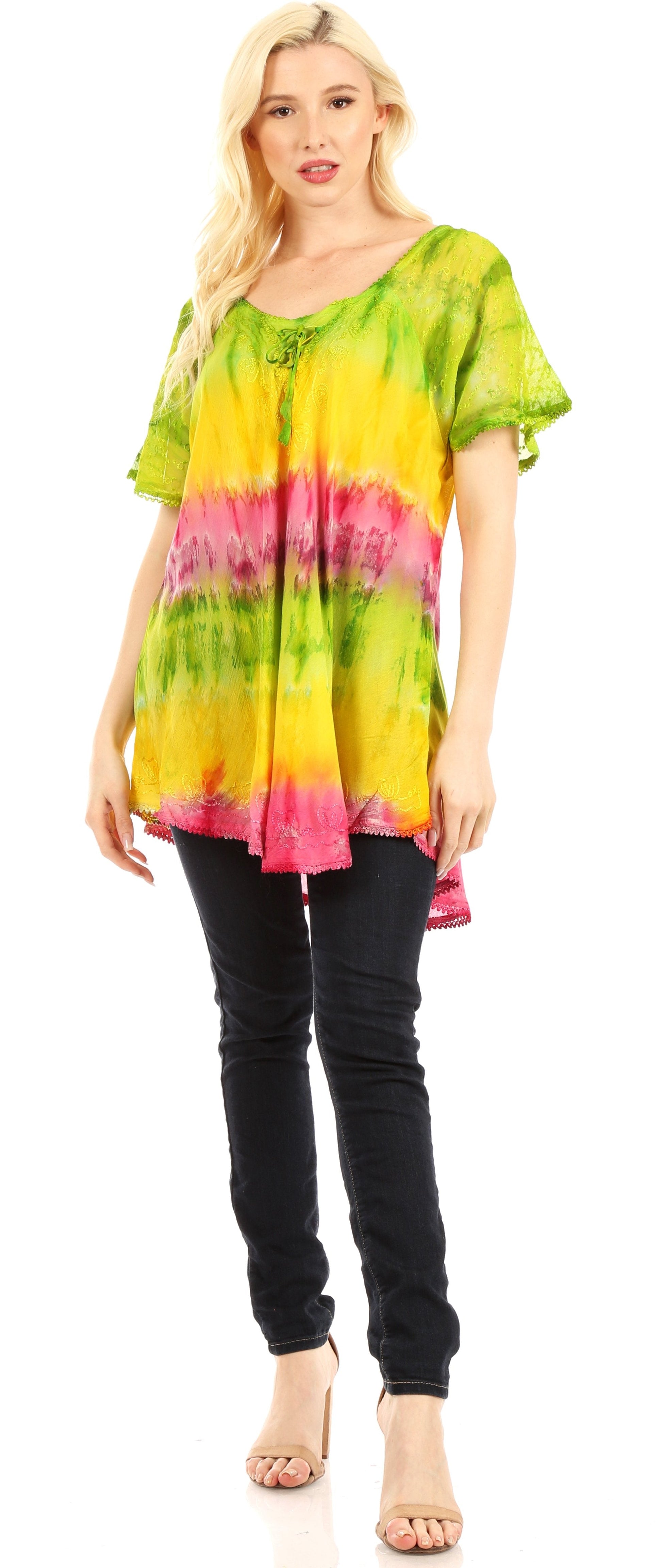 Sakkas Monet Long Tall Tie Dye Ombre Embroidered Cap Sleeve Blouse Shirt Top - Concordia Style Boutique