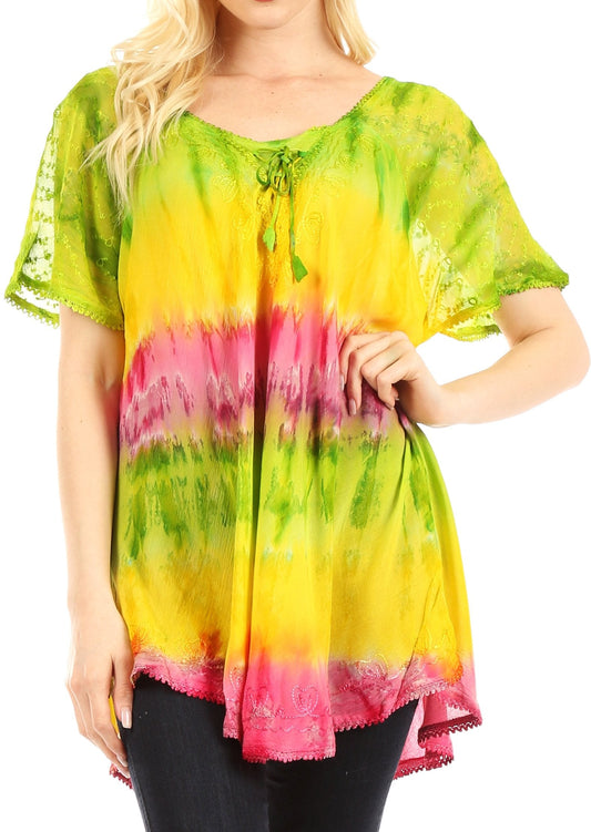 Sakkas Monet Long Tall Tie Dye Ombre Embroidered Cap Sleeve Blouse Shirt Top - Concordia Style Boutique