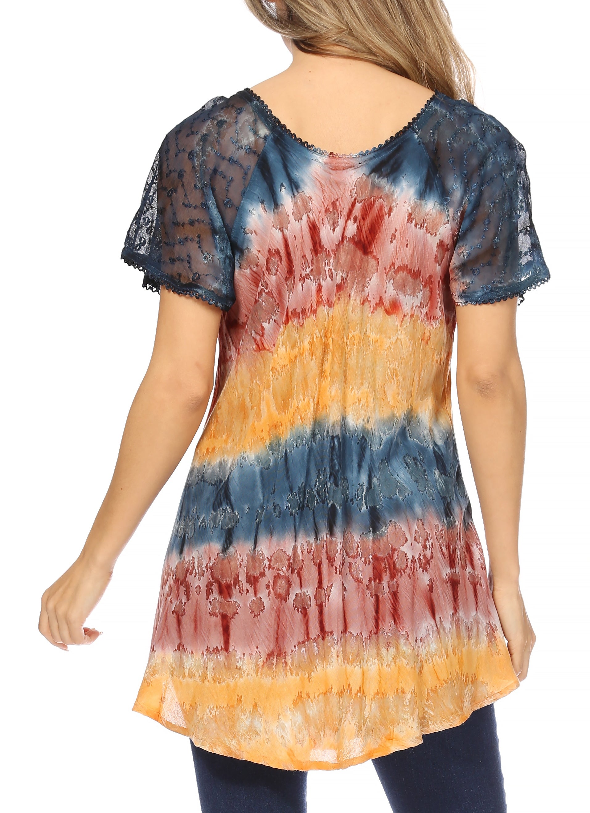 Sakkas Monet Long Tall Tie Dye Ombre Embroidered Cap Sleeve Blouse Shirt Top - Concordia Style Boutique