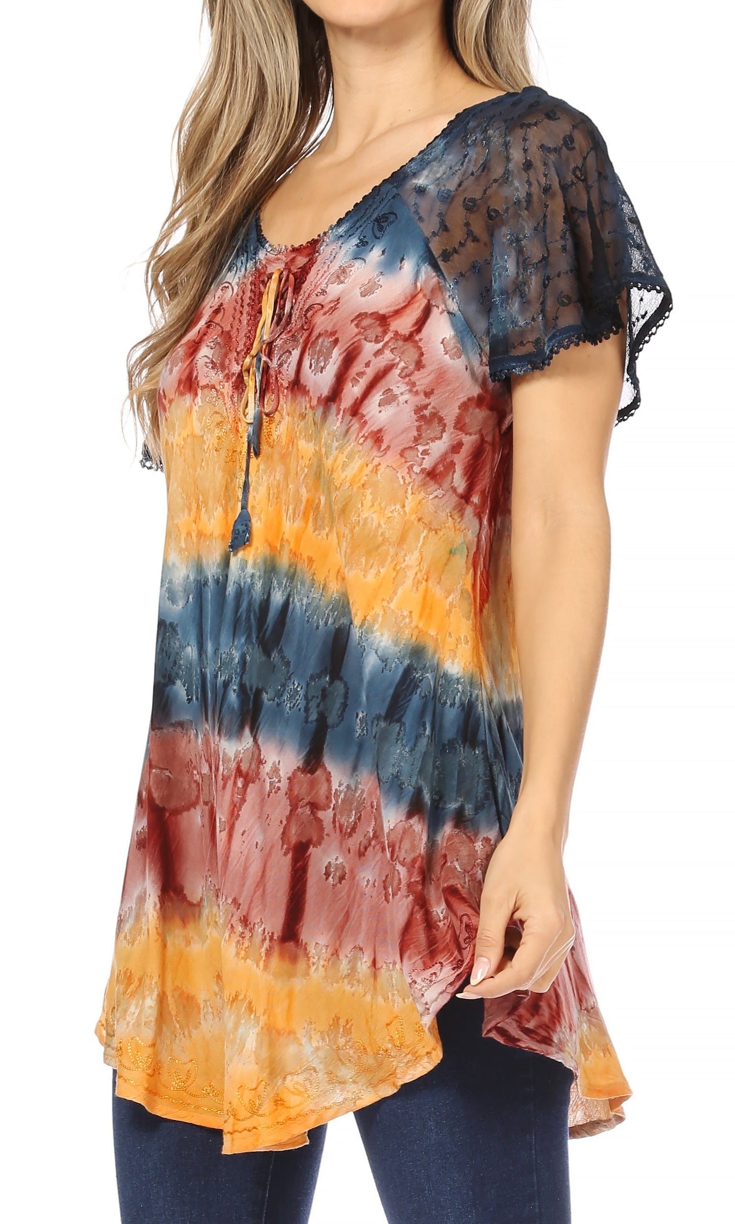 Sakkas Monet Long Tall Tie Dye Ombre Embroidered Cap Sleeve Blouse Shirt Top - Concordia Style Boutique