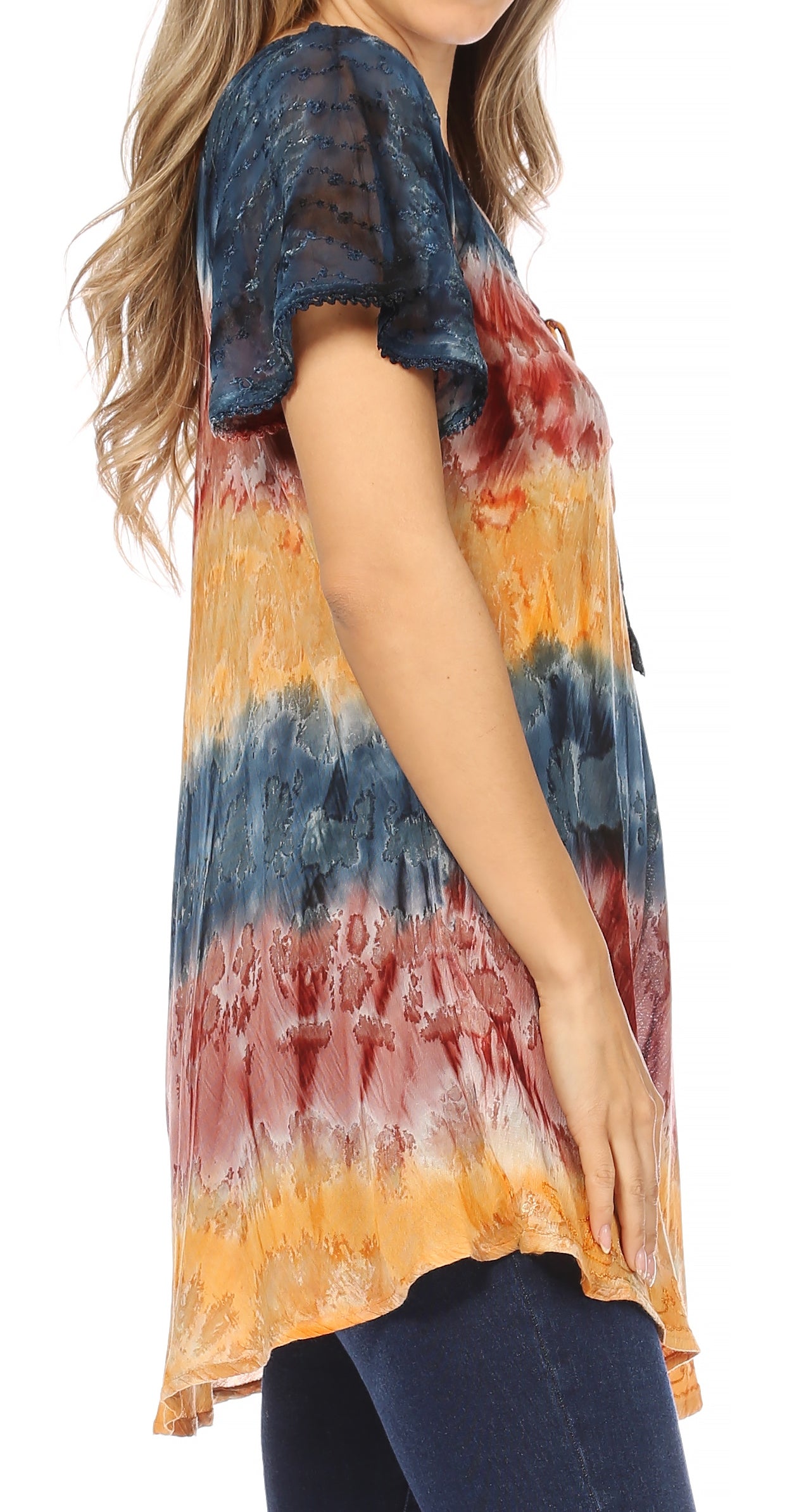 Sakkas Monet Long Tall Tie Dye Ombre Embroidered Cap Sleeve Blouse Shirt Top - Concordia Style Boutique