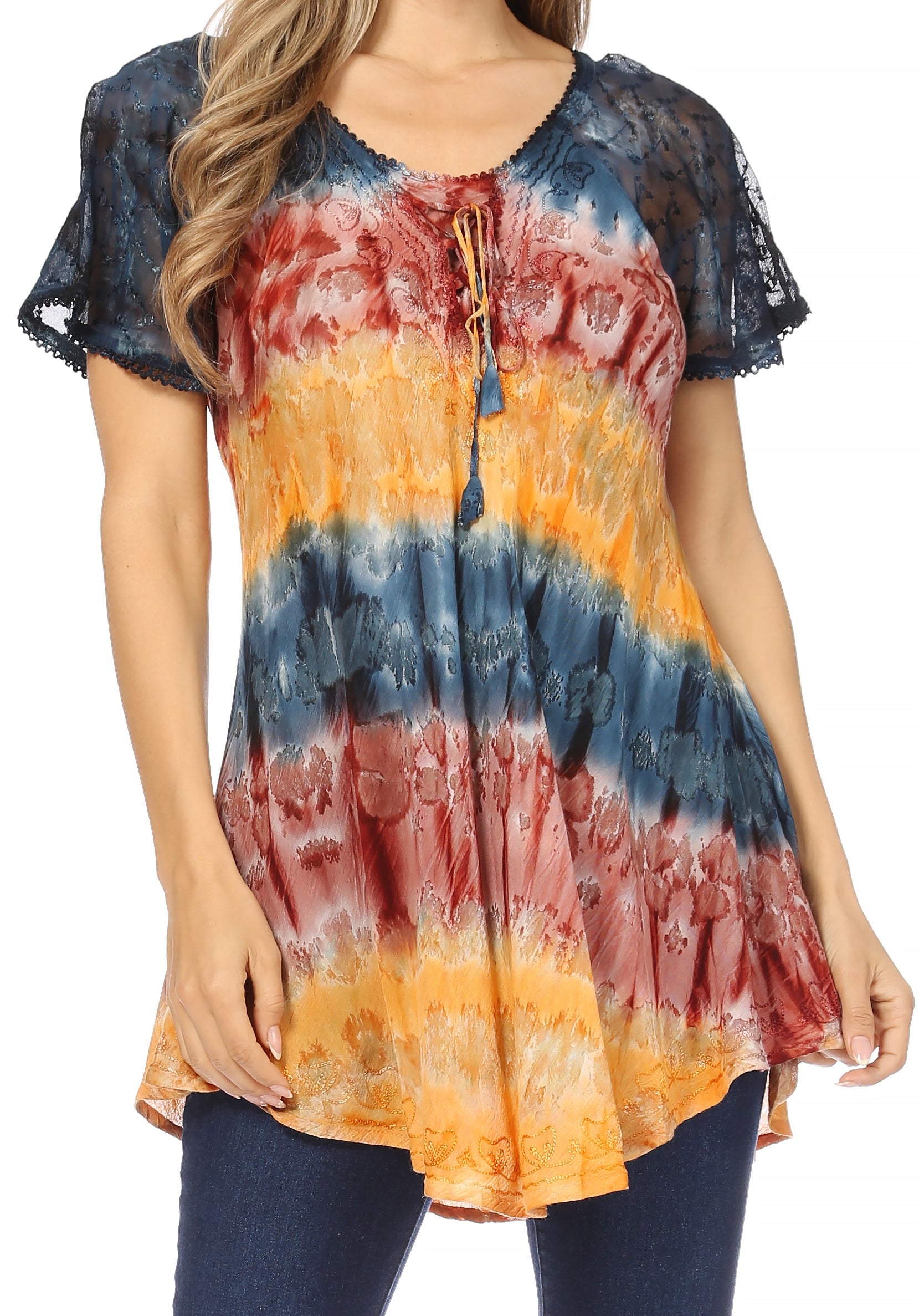 Sakkas Monet Long Tall Tie Dye Ombre Embroidered Cap Sleeve Blouse Shirt Top - Concordia Style Boutique