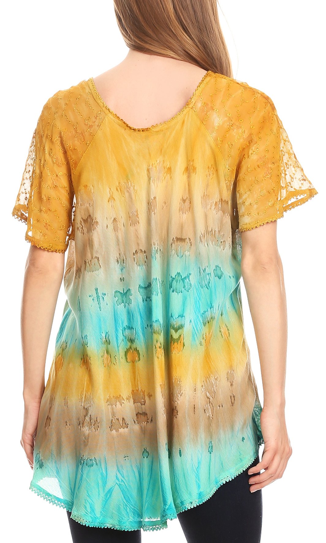 Sakkas Monet Long Tall Tie Dye Ombre Embroidered Cap Sleeve Blouse Shirt Top - Concordia Style Boutique