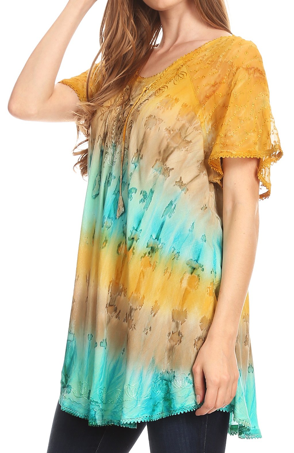 Sakkas Monet Long Tall Tie Dye Ombre Embroidered Cap Sleeve Blouse Shirt Top - Concordia Style Boutique