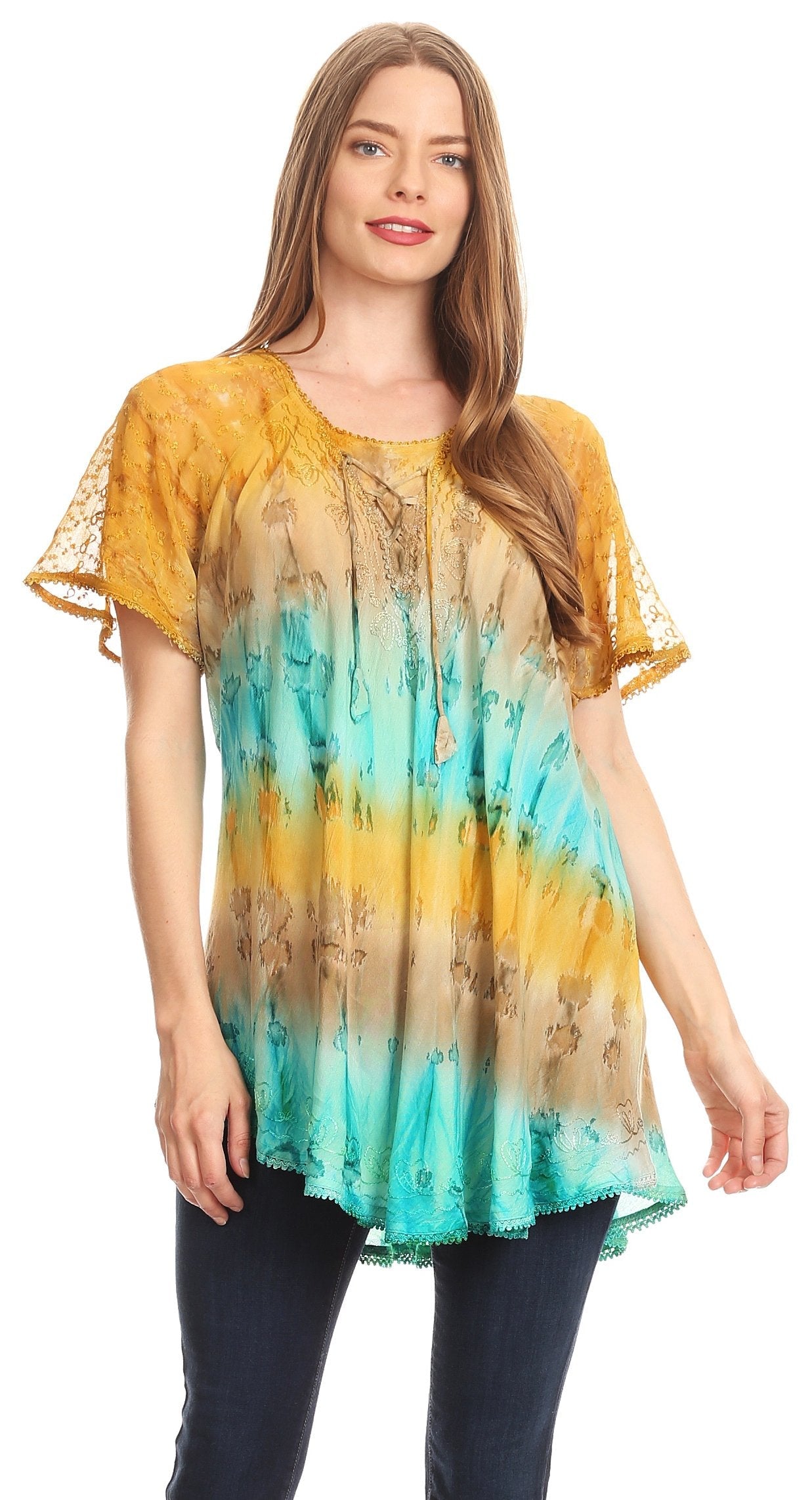 Sakkas Monet Long Tall Tie Dye Ombre Embroidered Cap Sleeve Blouse Shirt Top - Concordia Style Boutique