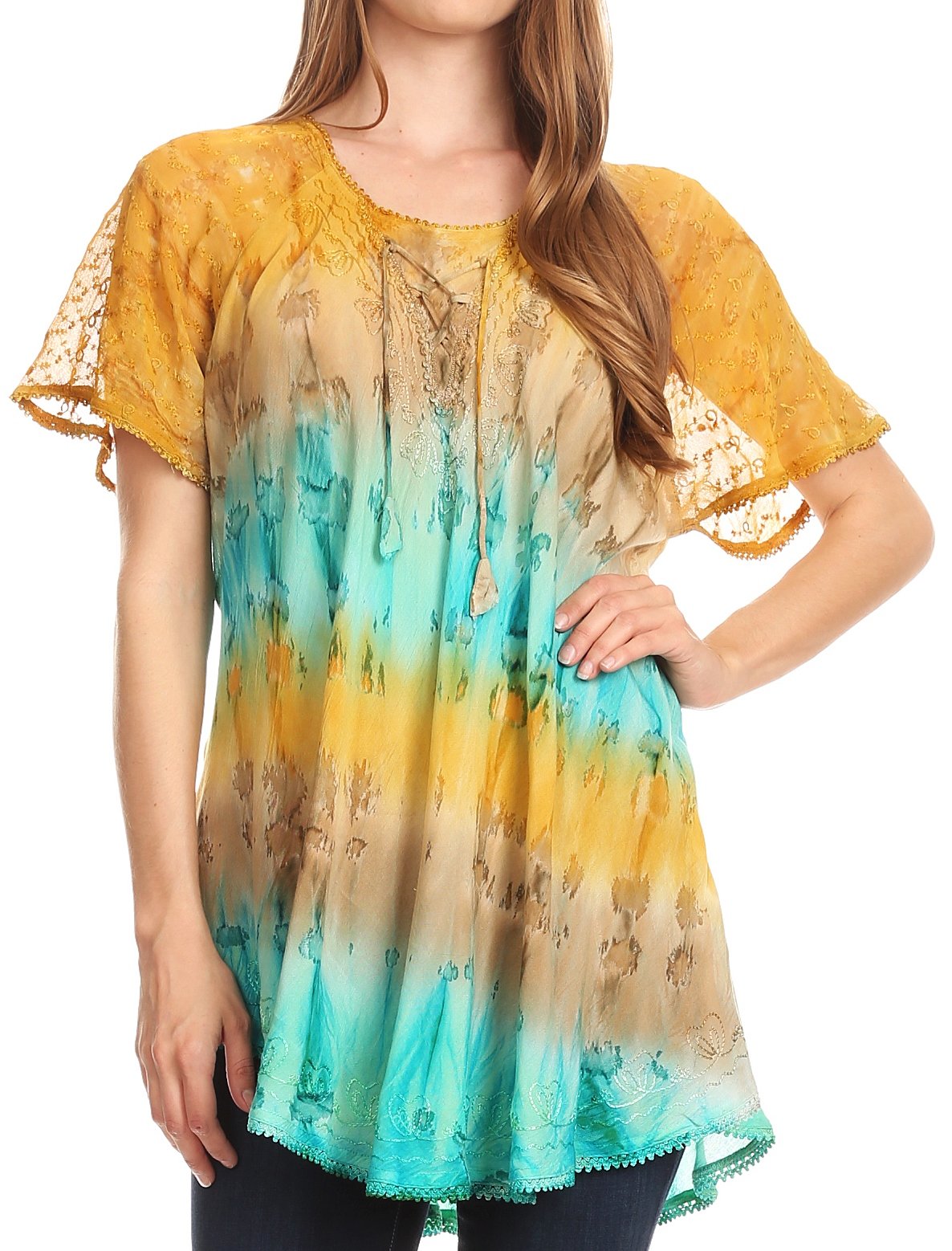 Sakkas Monet Long Tall Tie Dye Ombre Embroidered Cap Sleeve Blouse Shirt Top - Concordia Style Boutique